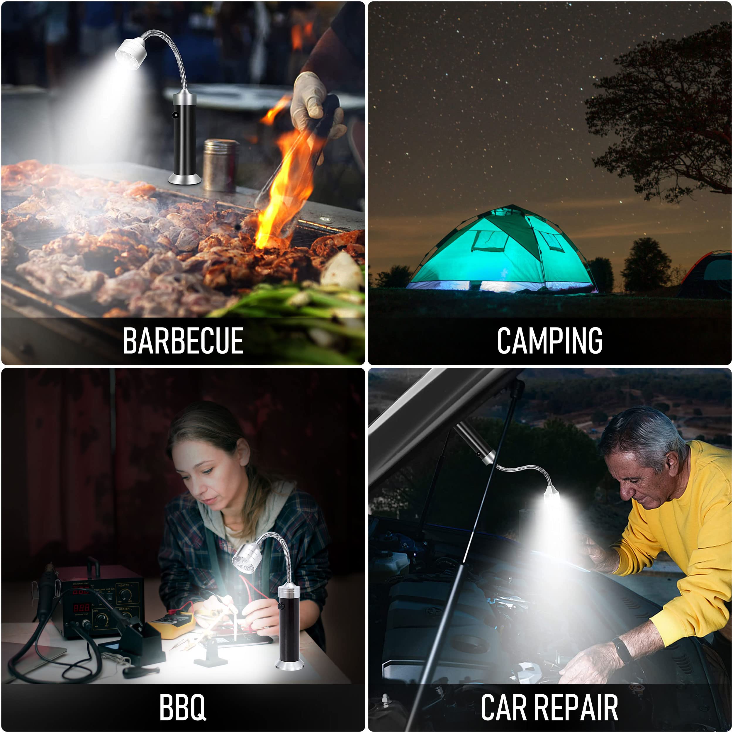 Lampada Barbecue Magnetica, 2 Pezzi Luce della Griglia LED Grill Light BBQ in Allumino Collo Flessibile 360° Regolabile, Accessori per Lettura Lavoro Riparazione Camping Emergenza Nero