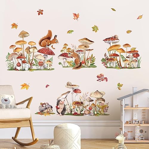 Miniatura 3 de decalmile Calcomanías de pared de hongos, diseño de ardilla, césped, primavera, zócalo, línea de zócalo, pegatinas de pared para dormitorio, sala de