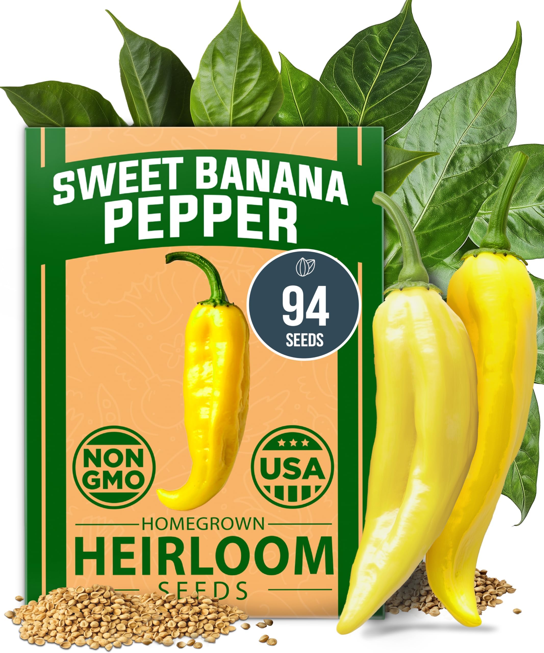HOME GROWN Banana Pepper Seeds 94+ Heirloom Non GMO Seeds for Planting, High Germination, Sweet & Mild Peppers, Indoor Outdoor Garden, Perfect for Slicing & Pickling, High Yield (Capsicum annuum)