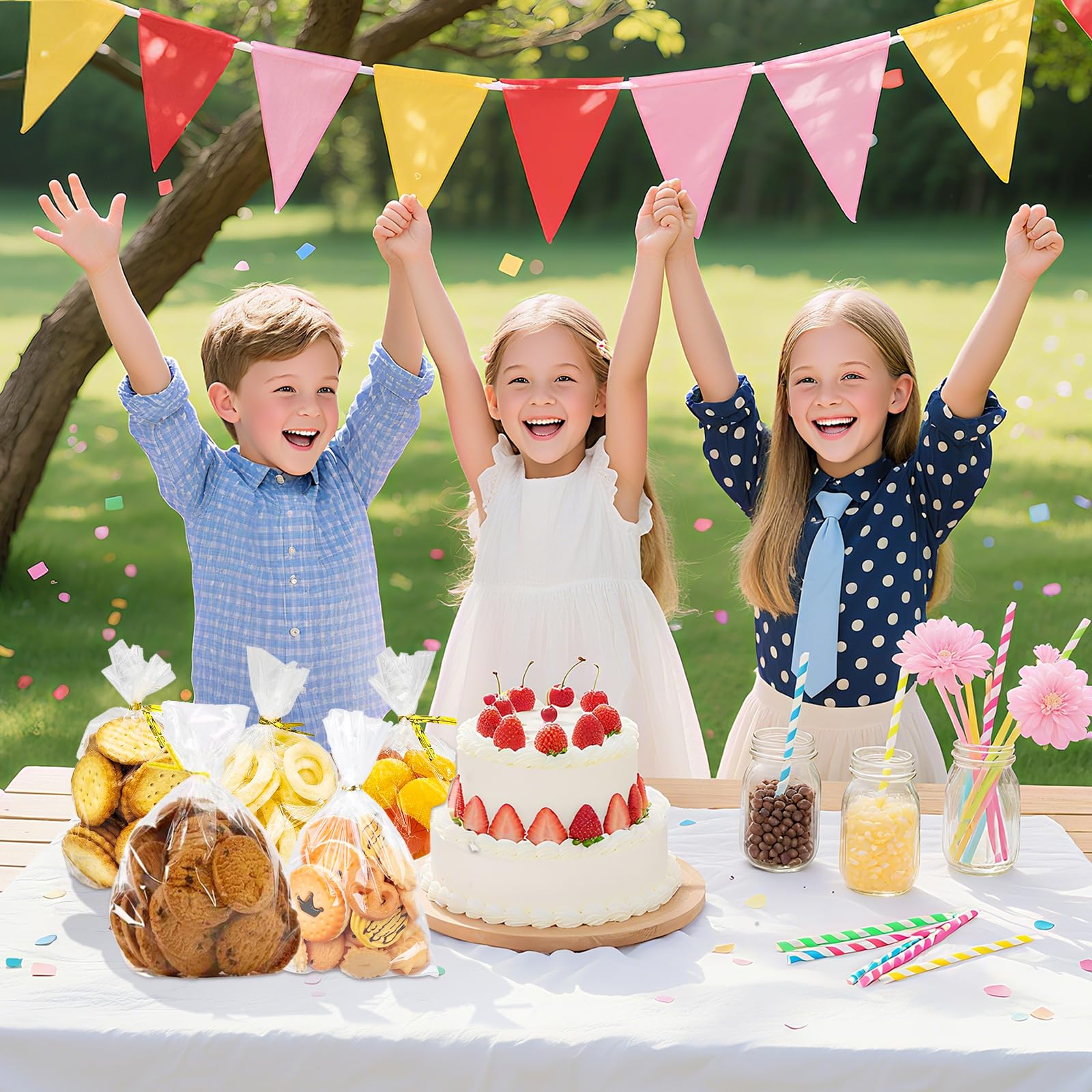 100 Pezzi Sacchetti Trasparenti per Confezioni 25x15cm, Bustine Cellophane per Pane Fresco Caramelle, Biscotti, Frutta, Gioielli con 100 Bande Metalliche per Feste Matrimonio Compleanno Bambini Regalo