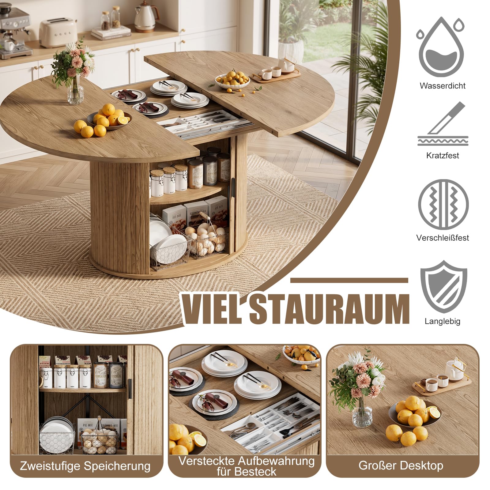MSFE Esstisch Ausziehbar mit Verstecktem Stauraum Runder Esstisch für 4-8 Personen Moderne Esszimmertisch aus Holz mit 2-lagigem Lagerregal und Schiebetür für Esszimmer Wohnzimmer 110-150x110x75CM