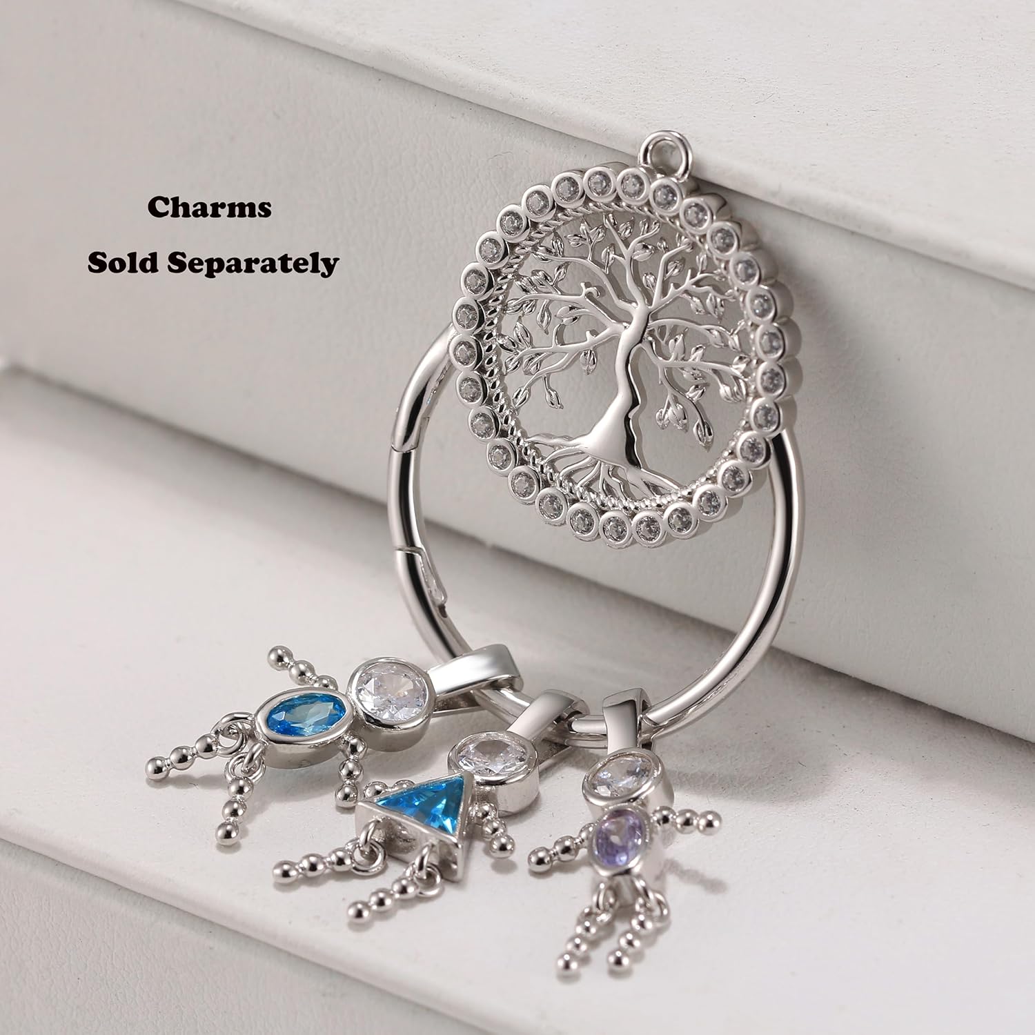 Family Tree Charm Holder for Women by Ginger Lyne, Ideal to Customize Sterling Silver Pendant Holder for Grandmother Charm Necklace Cubic Zirconia Mom Necklace for Mothers Gifts