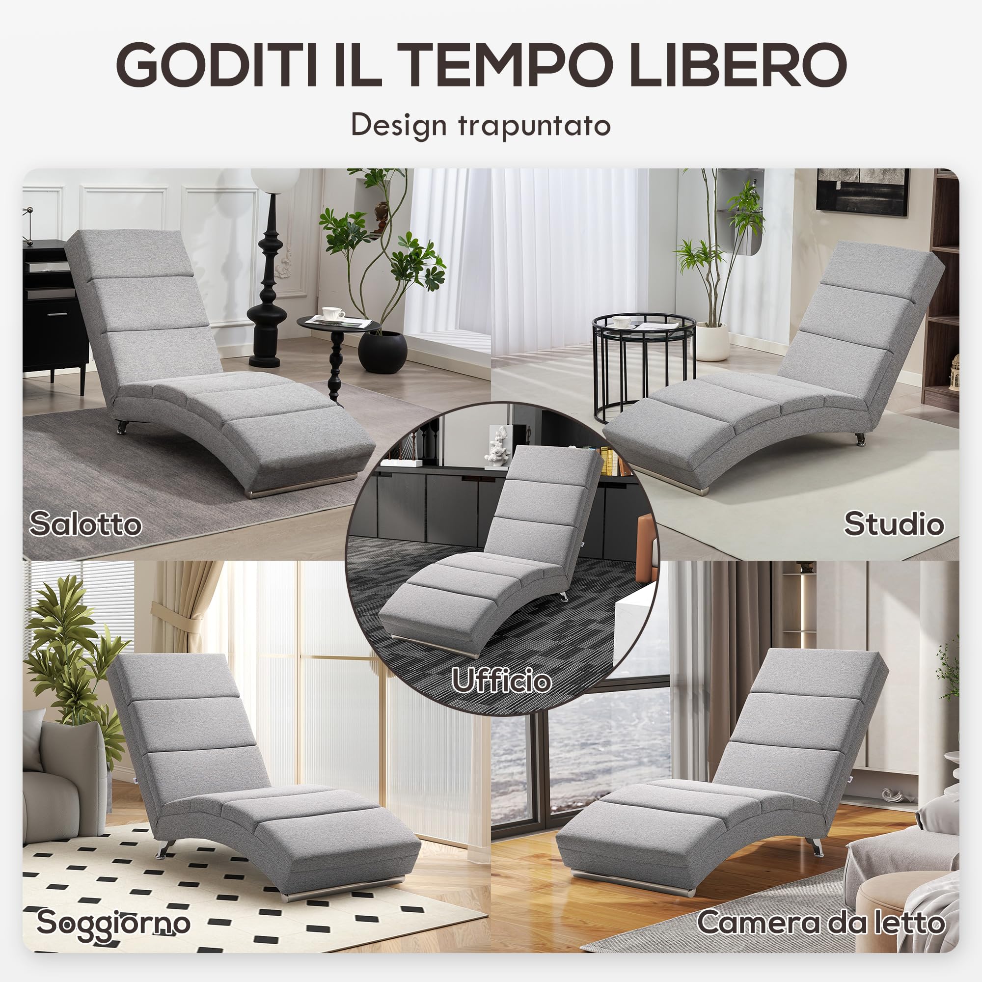 HOMCOM Poltrona Chaise Longue Ergonomica con Schienale Alto in Tessuto, Sdraio Relax con Imbottitura Spessa e Gambe in Acciaio, 160.5x60.5x93 cm per Soggiorno, Camera da Letto e Salotto, Grigio Chiaro