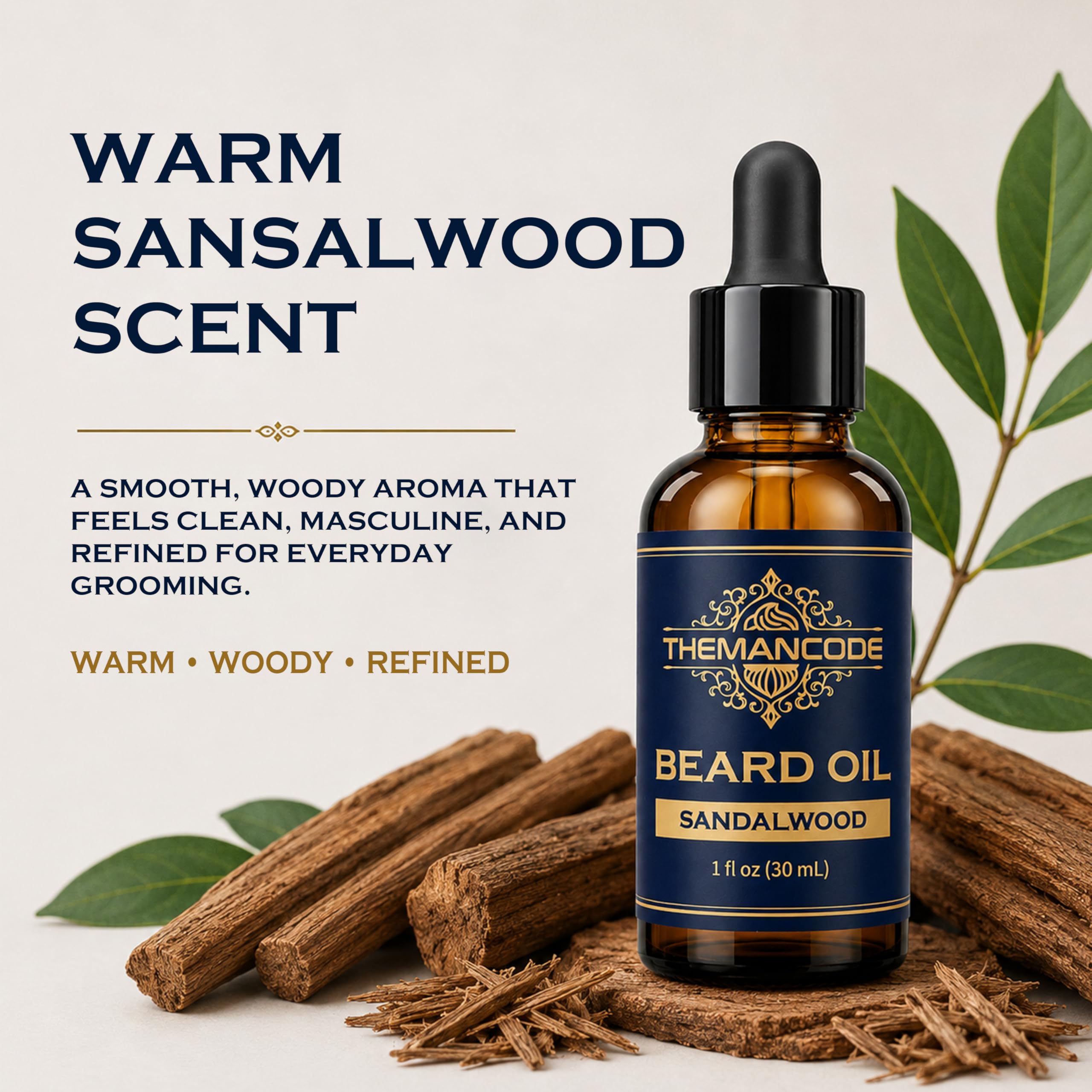 THEMANCODE Męski olejek do brody, drzewo sandałowe, odżywka do brody z naturalnymi olejkami jojoba z pestkami winogron, zmiękcza, wzmacnia i nawilża, prezenty na Dzień Ojca