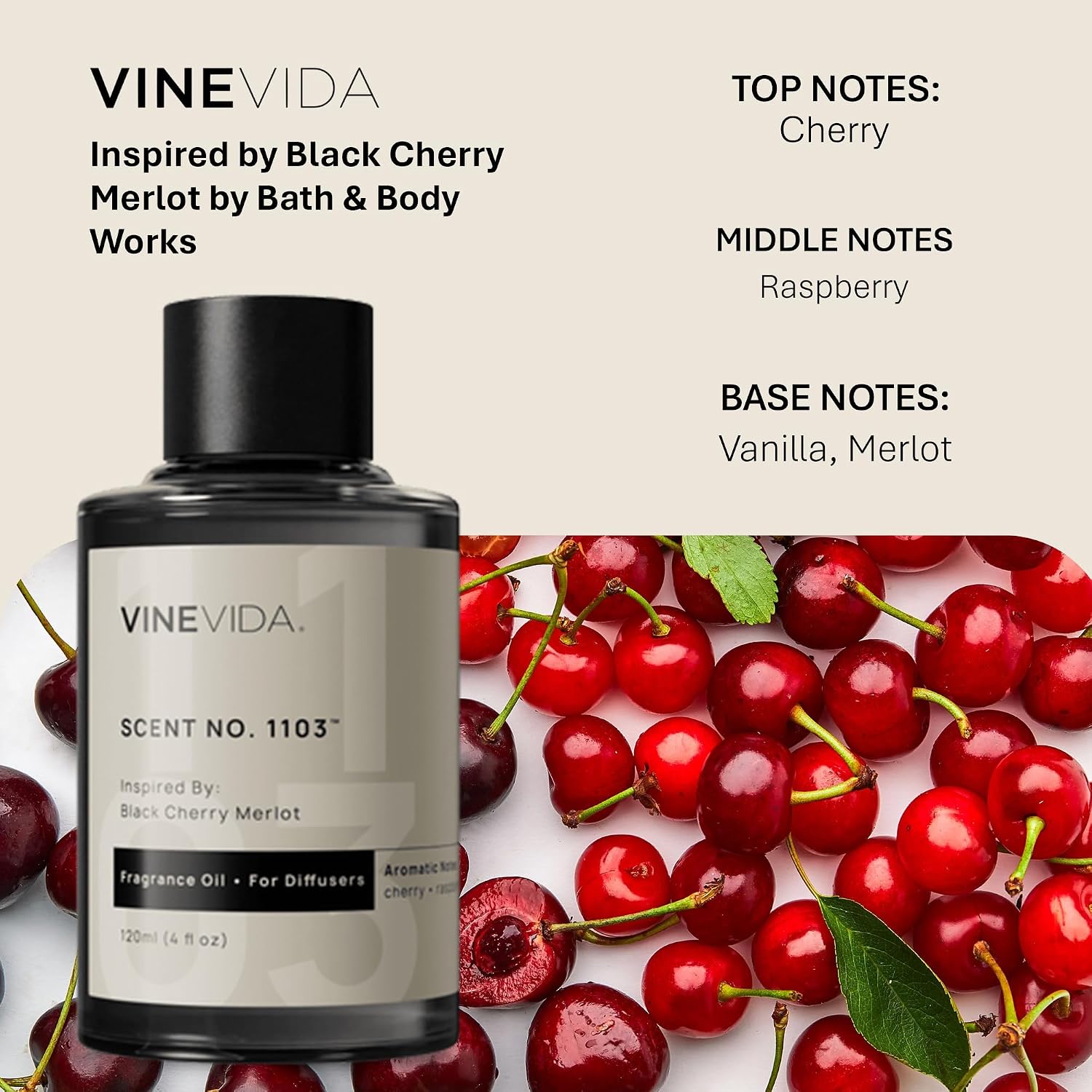 VINEVIDA [4 Fl Oz] Scent NO. 1103 Fragrance Oil for Cold Air Diffusers, Aromatic Notes of Cherry Raspberry Vanila, Essential Oils for Diffuser Oil Refill & Air Freshener Room Spray