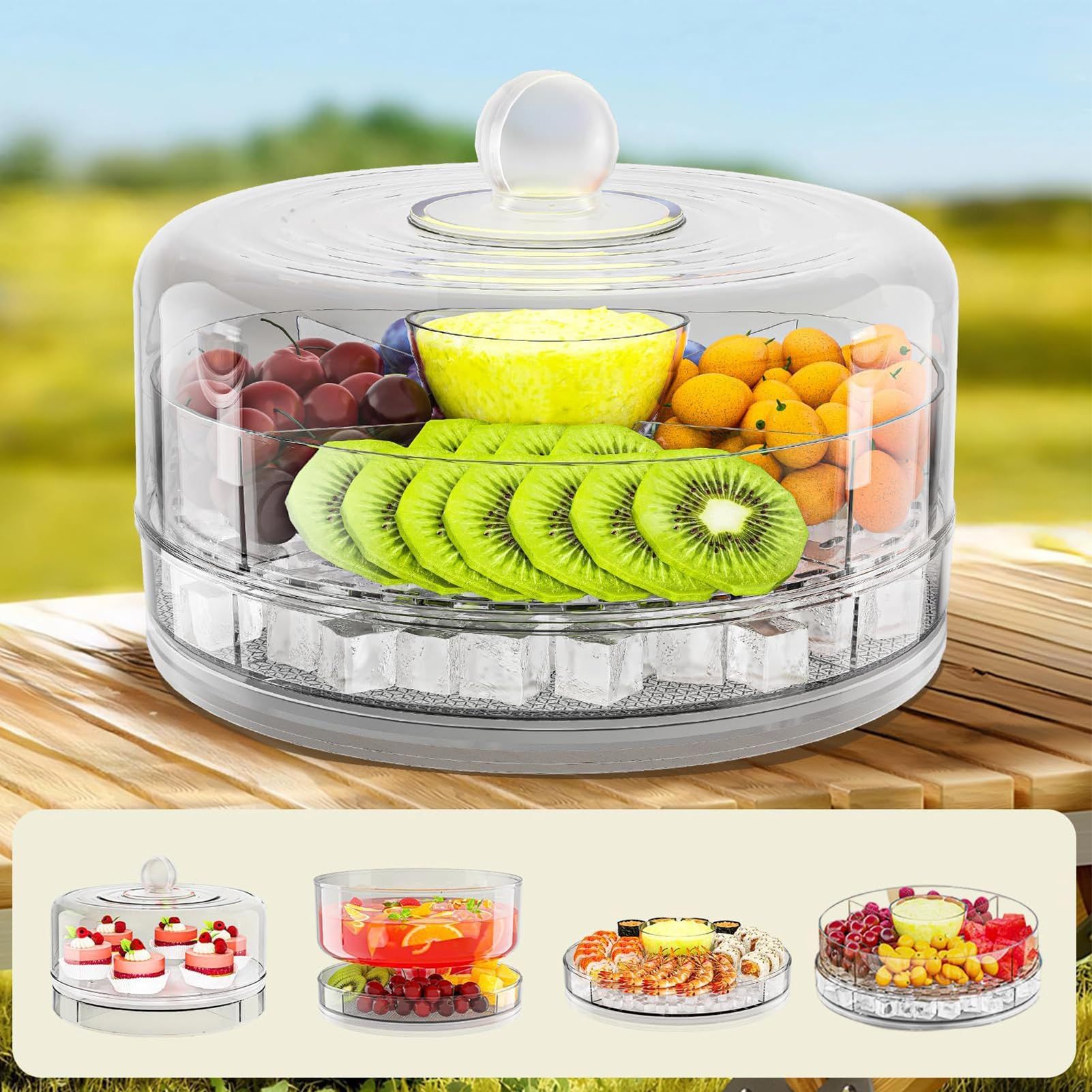Bandeja refrigerada con tapa, 23 x 16,3 cm, ideal para alimentos fríos, camarones, cócteles, frutas, hielo, aperitivos, fiestas, picnics, camping, cumpleaños