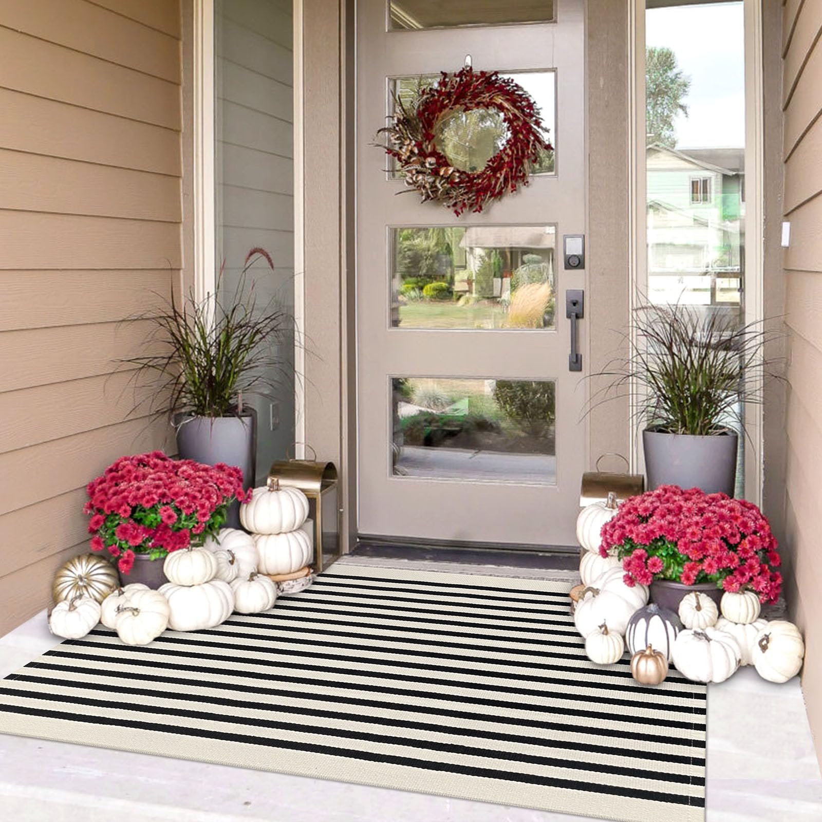 IOHOUZE Black Beige Striped Rug -3'x5' Front Door Rugs Outdoor, Washable Area Rug for Front Porch, Spring Summer Welcome Mats Outdoor Indoor, Doormat