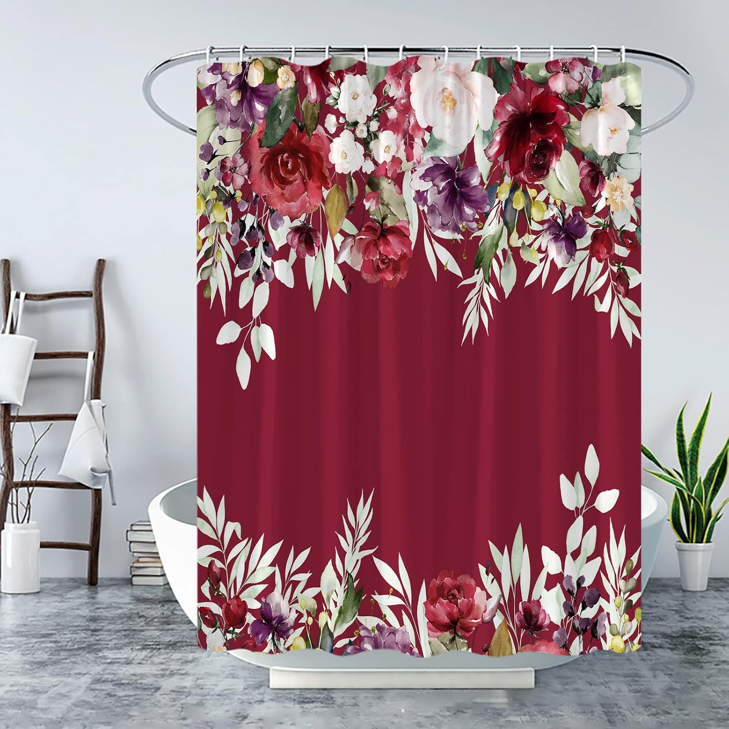 JJYPPY Burgundy Red Floral Shower Curtain Vintage
