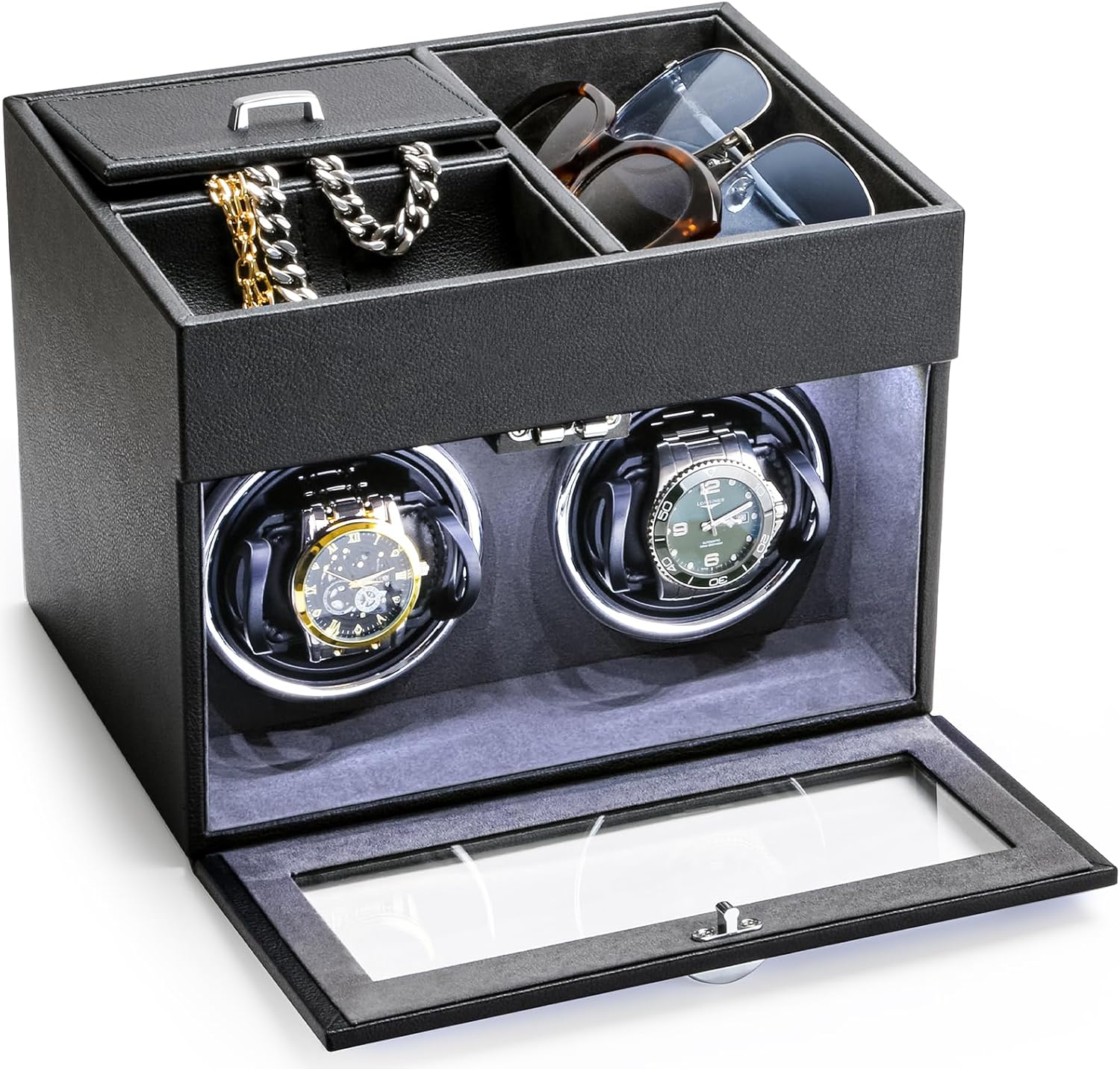 VELORIA Dual Watch Winder with Jewelry Organizer Tray, 2-Slot Automatic Watch Winder Box, Low-Noise Japanese Motor, LED Backlight, Open-Lid Auto Stop, Adjustable Pillows, AC 100–240V, Black