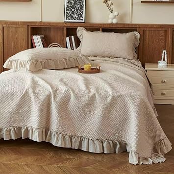 vctops Boho Embroidered Cotton Bedspread Quilt Set Queen Size, Shabby Chic Ruffled Bedding Set, 3 Pieces Reversible Bedspreads with Pillow Shams for All Season Coffee,Queen