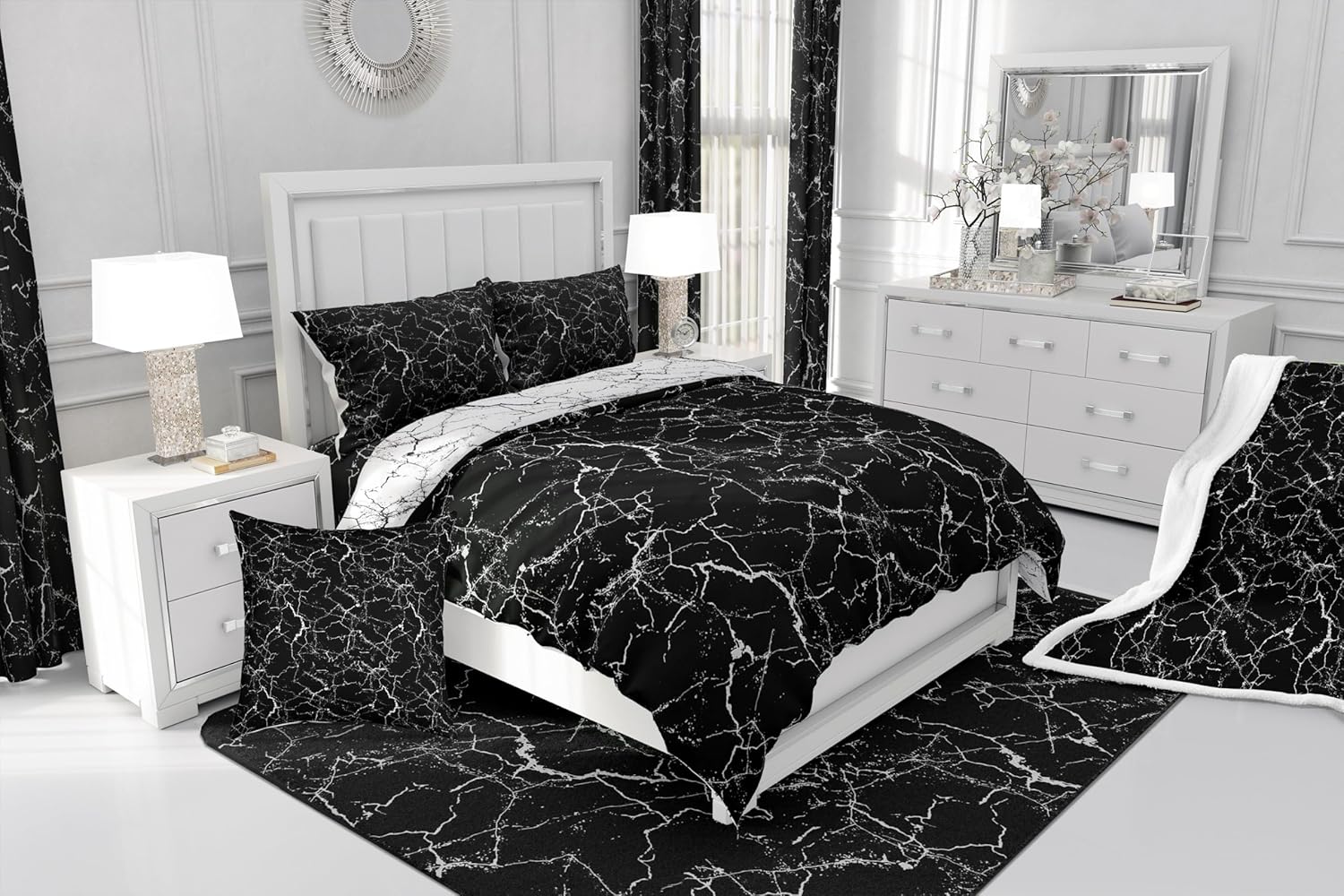 Marble Bedding Set Granite Surface with Stormy Natural Mineral Stone Pattern Comforter Cover, Queen Size for Kids Teens Adult Women Black White, Decorative 3 Piece Duvet Cover with 2 Pillow Shams