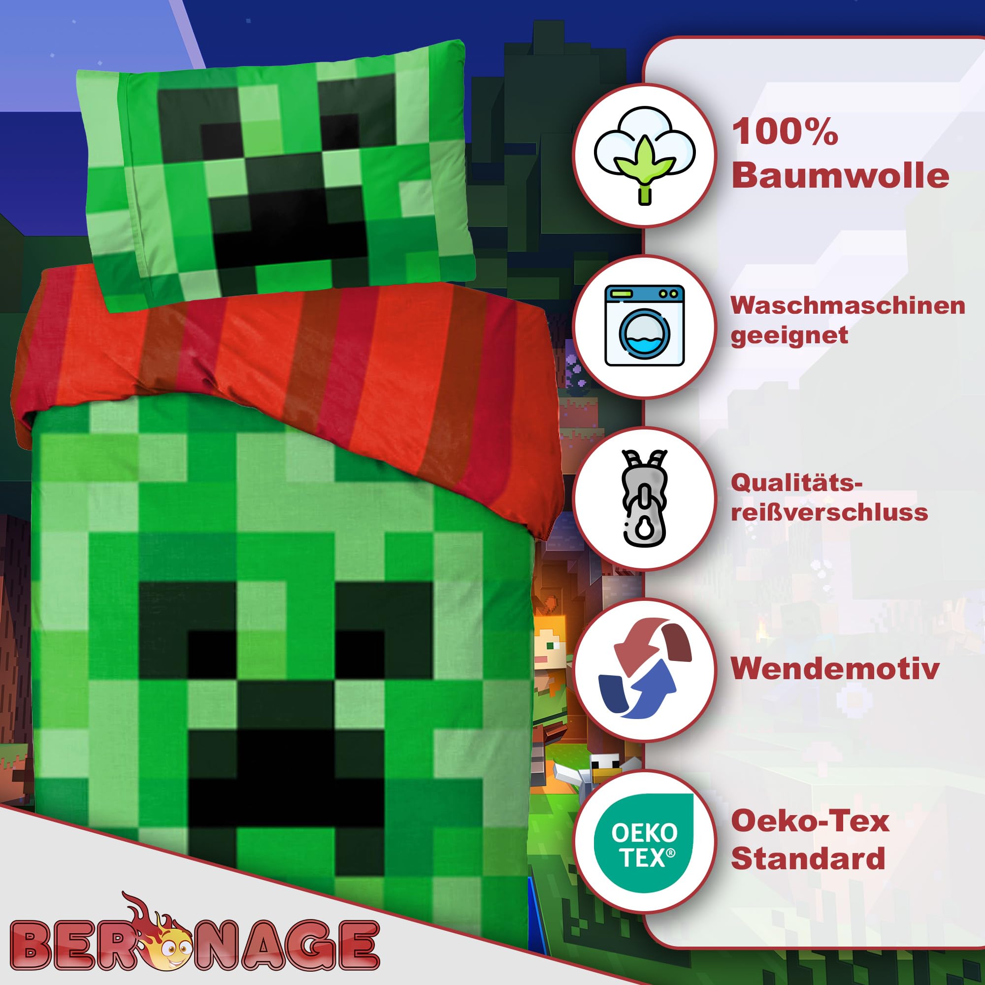 Minecraft Bettwäsche Creeper TNT 135x200 cm + 80x80 cm 100% Baumwolle Biber/Flanell Wendemotiv warm weich Kinderbettwäsche Jungen Mädchen Fanartikel YKK Reißverschluss Geschenk