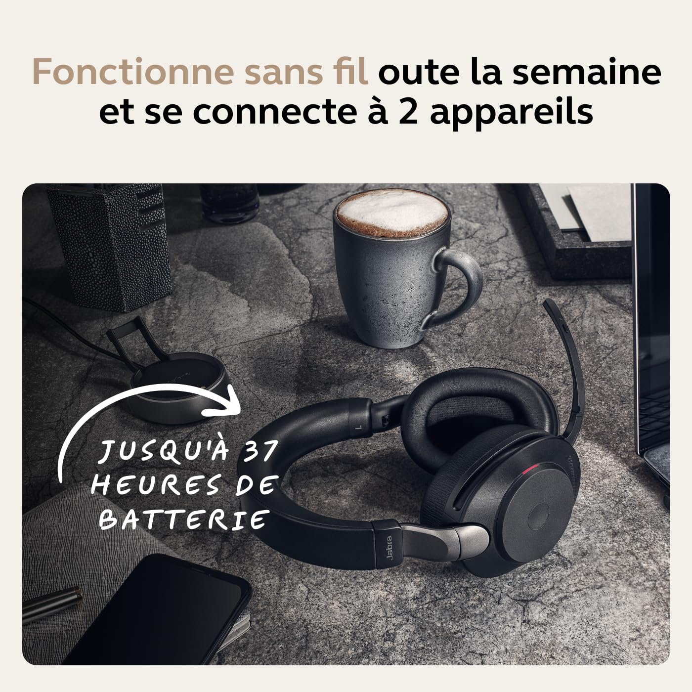 Jabra Evolve2 85 Casque PC Sans Fil - Casque Audio certifié Microsoft Teams avec Réduction du Bruit et Batterie Longue Durée - Adaptateur Bluetooth USB-A - Noir