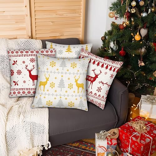 Miniatura 5 de PICKFORU Juego de 4 fundas cuadradas de almohada navideñas de 18 x 18 pulgadas, fundas cuadradas de invierno con ciervos navideños para sofá,