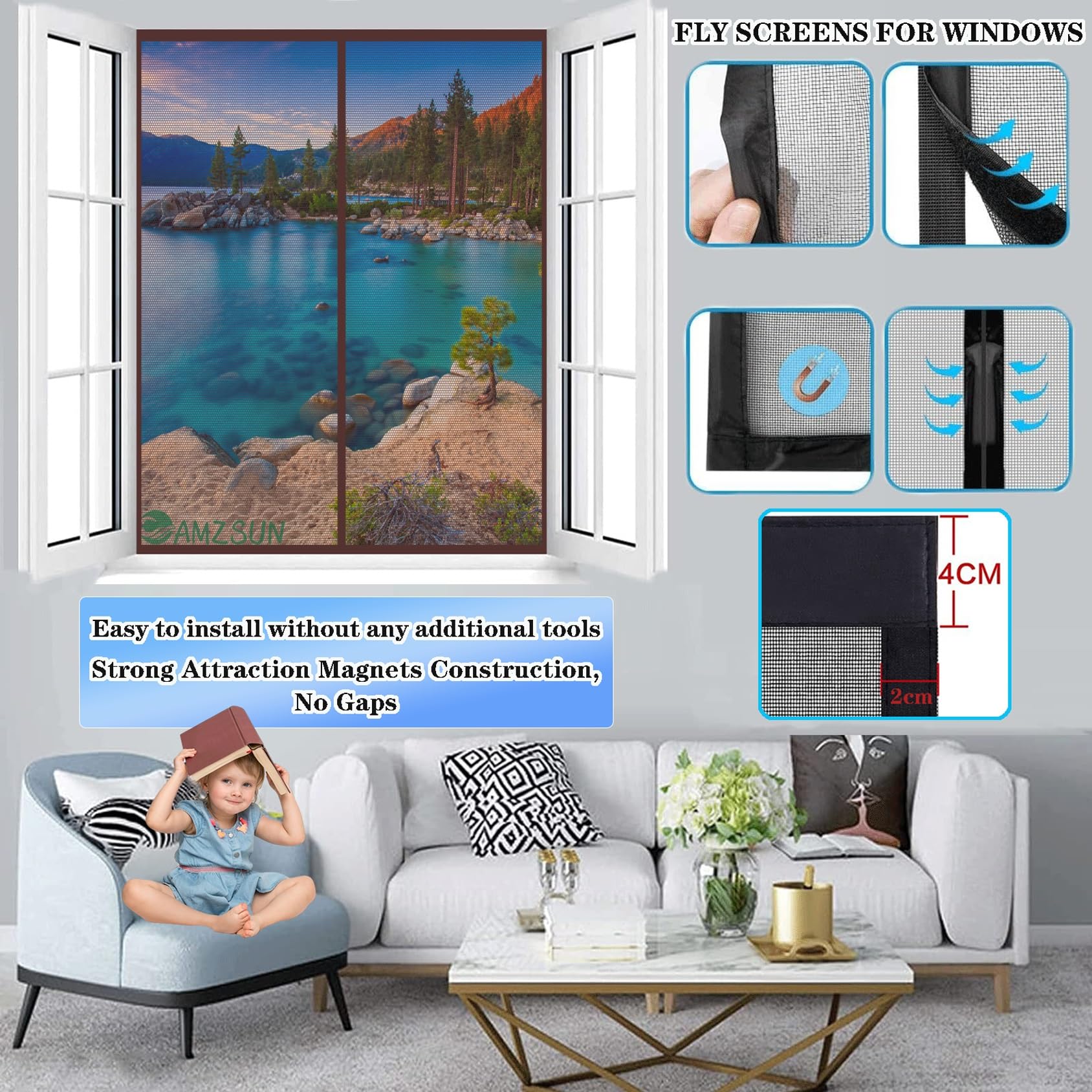 Fliegengitter Balkontür 240x250cm Braun Magnet Fliegengitter Fenster mit Vollrahmen Klettband und Leistungsstarken Magneten für Flure/Türen/Fenster