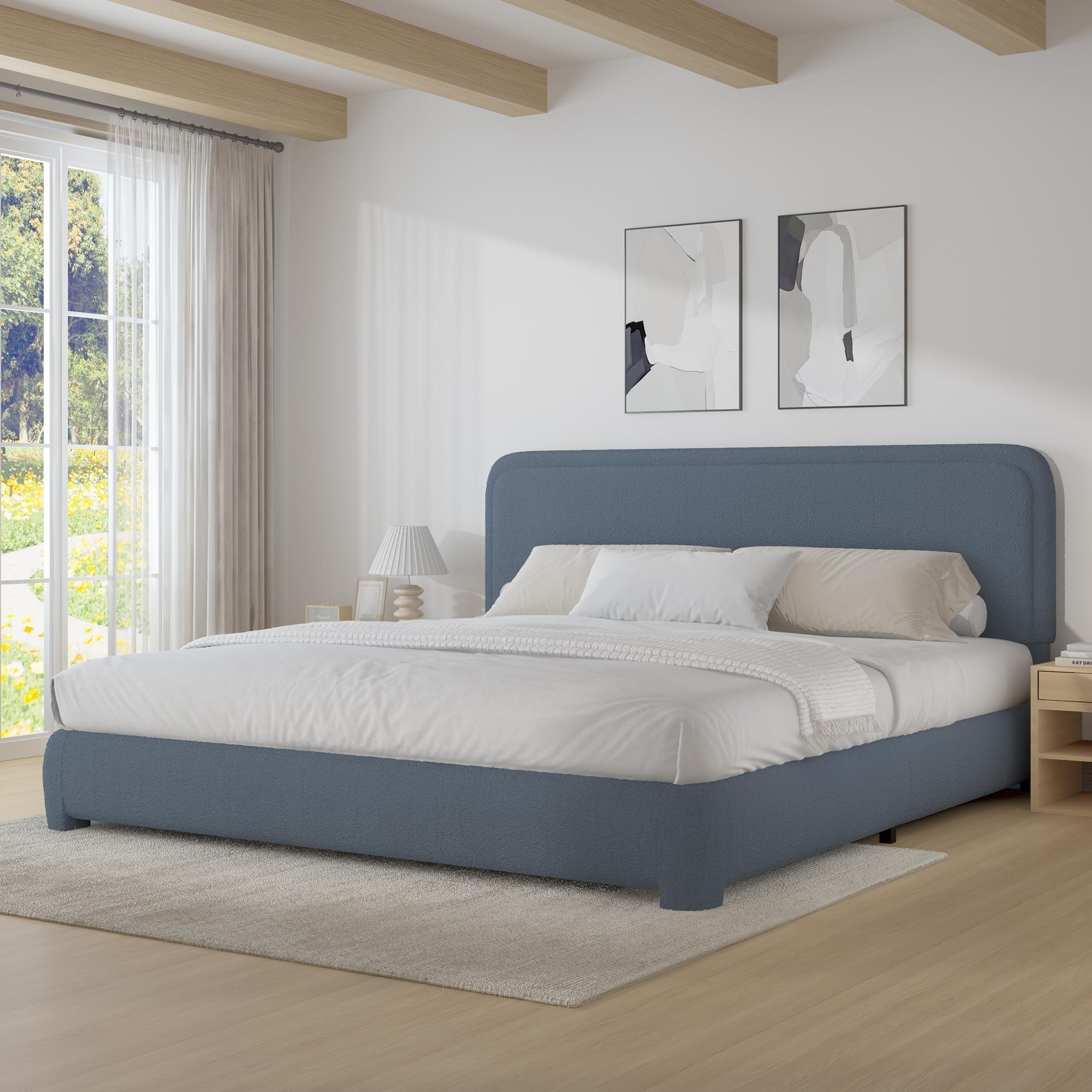 BarnFurin King Bed Frame, Cloud Boucle Headboard, Rounded Corners, Blue