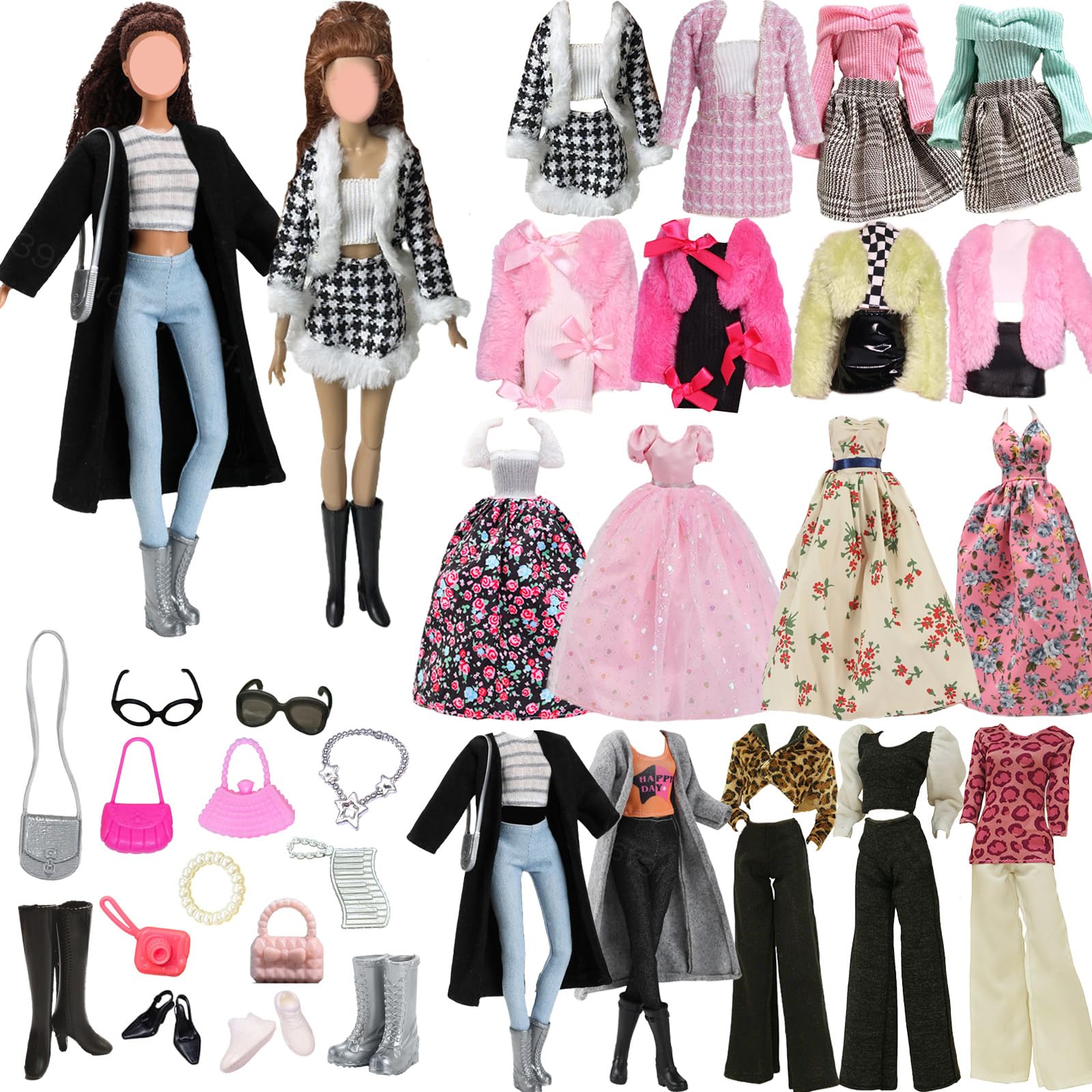 24 Pcs Doll Clothes Accessories Set, 11.5‑Inch Fashion Doll Outfit with Houndstooth Skirt, Black Coat & Windbreaker, Shoes