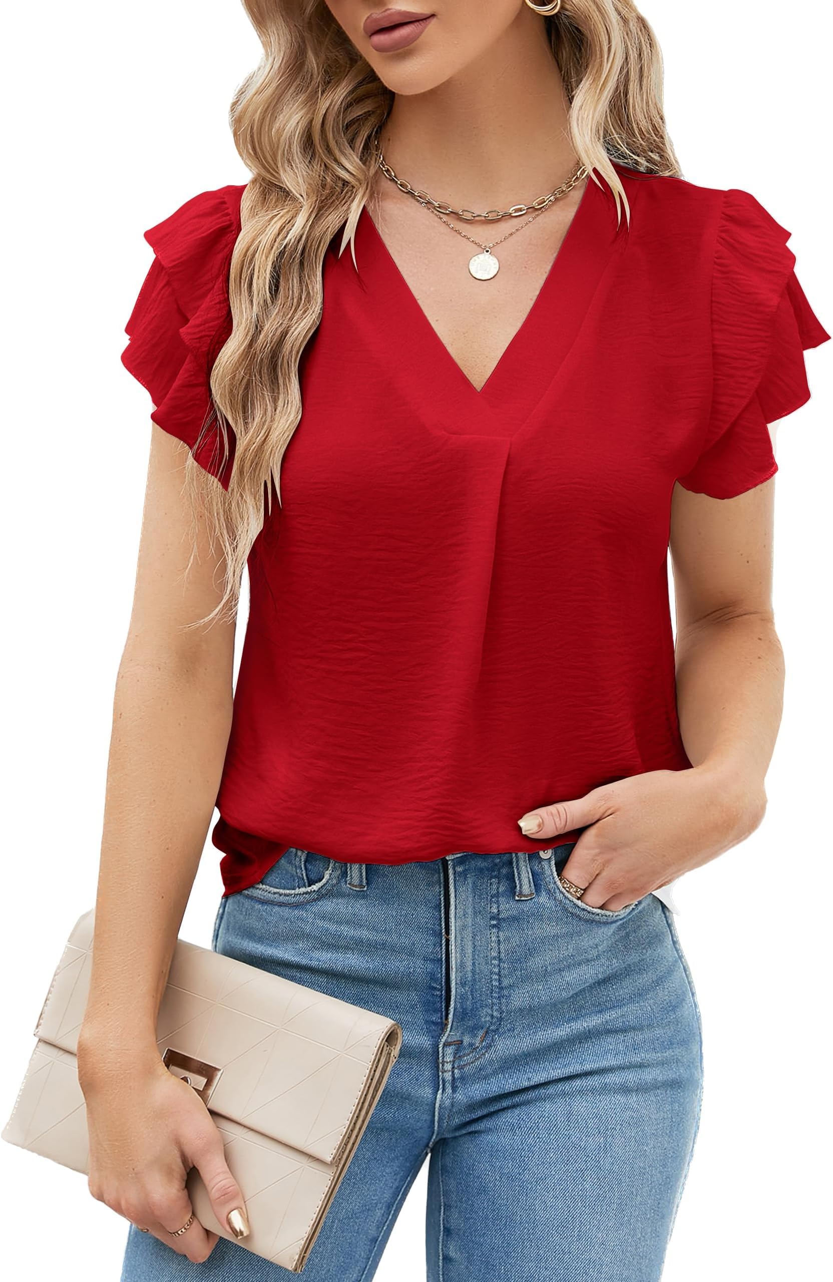 BUNSLOOM Damen Bluse Chiffon Sommer Kurzarm V-Ausschnitt Puff Ärmel Casual Elegante Arbeitsbluse Top Büro Arbeitskleidung