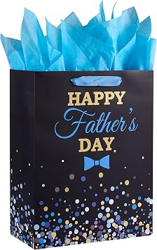 SUNCOLOR 13 Inch Large Fathers Day Gift Bag with Tissue Paper, Happy Fathers Day Design, Paper Gift Bags for Dad