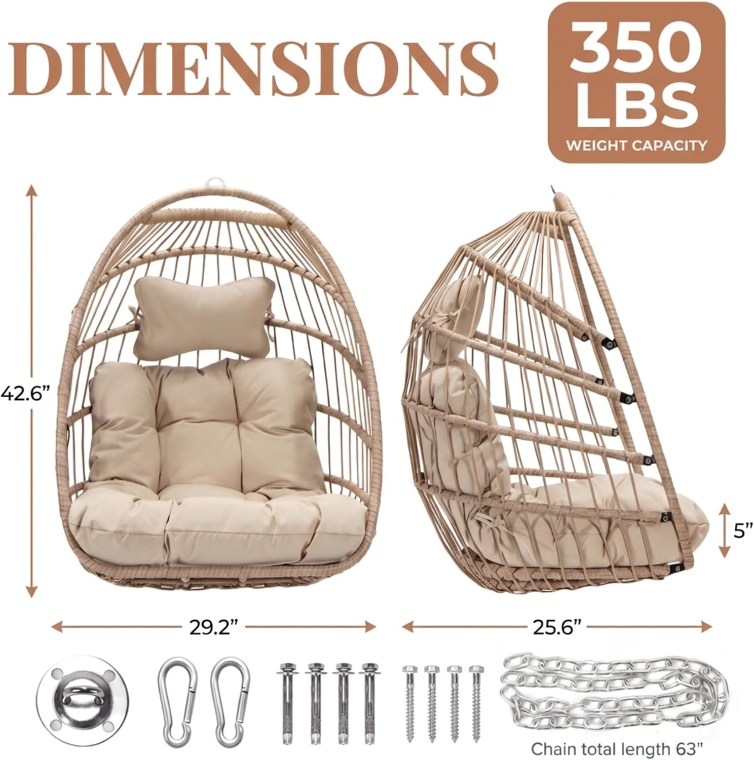 NICESOUL Egg Chair Without Stand Indoor Outdoor, Comfy Patio Wicker Hanging Chair with Cushion, 350lbs Swing Hammock Egg Basket Chairs, All Weather Ceiling/Tree Chairs for Balcony, Beige No Stand