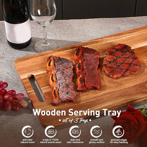 Miniatura 2 de Bokon 2 tablas de madera de acacia de 22 x 12 pulgadas, tabla de servir de acacia con asa, bandeja rectangular de madera de acacia para servir