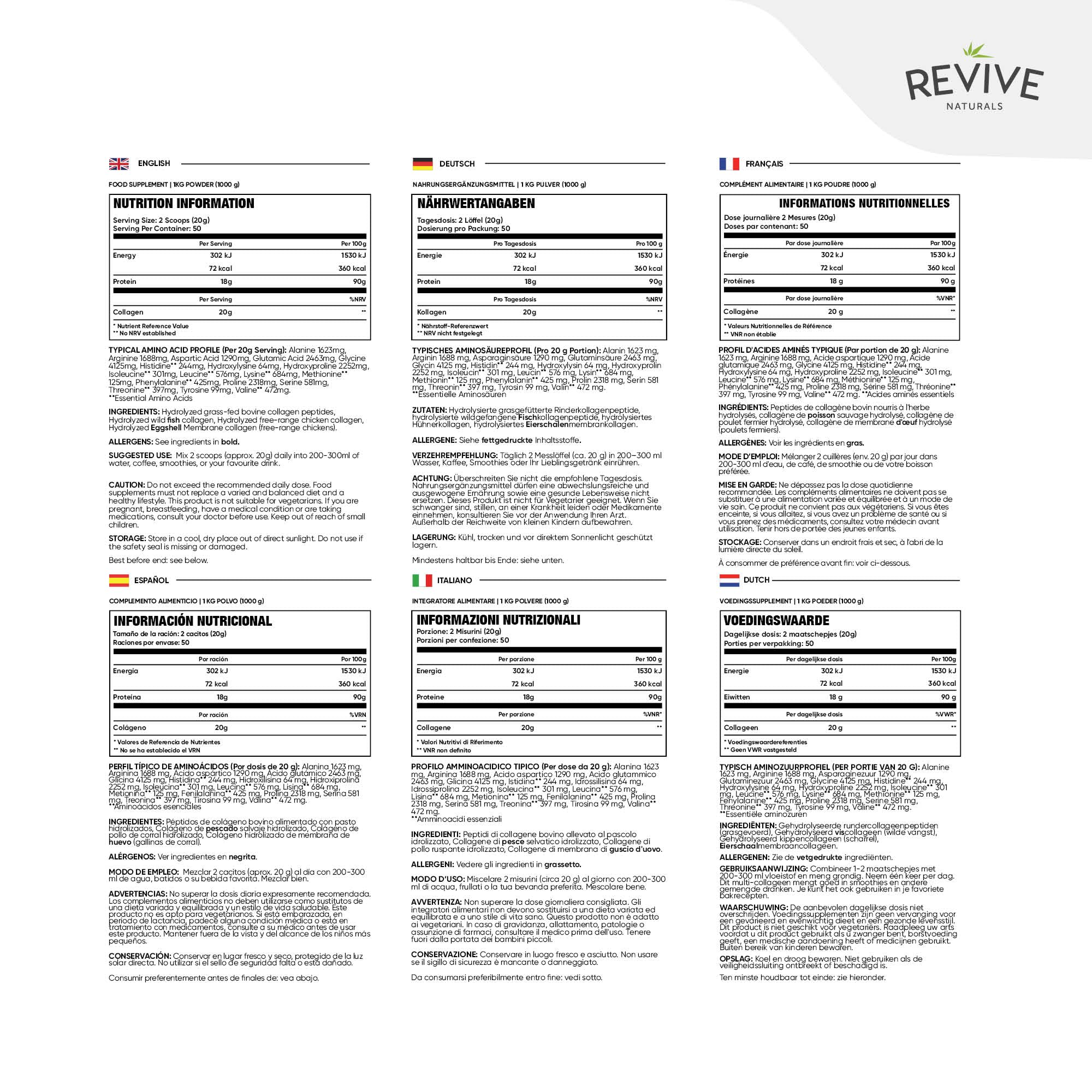 Poudre de Protéines Multicollagène (1kg) – 5 Types de Peptides de Collagène d'Origine Alimentaire - Bovin Nourri à l'Herbe Hydrolysée, Poisson de Mer Sauvage & Poulet en Liberté, Non Aromatisé