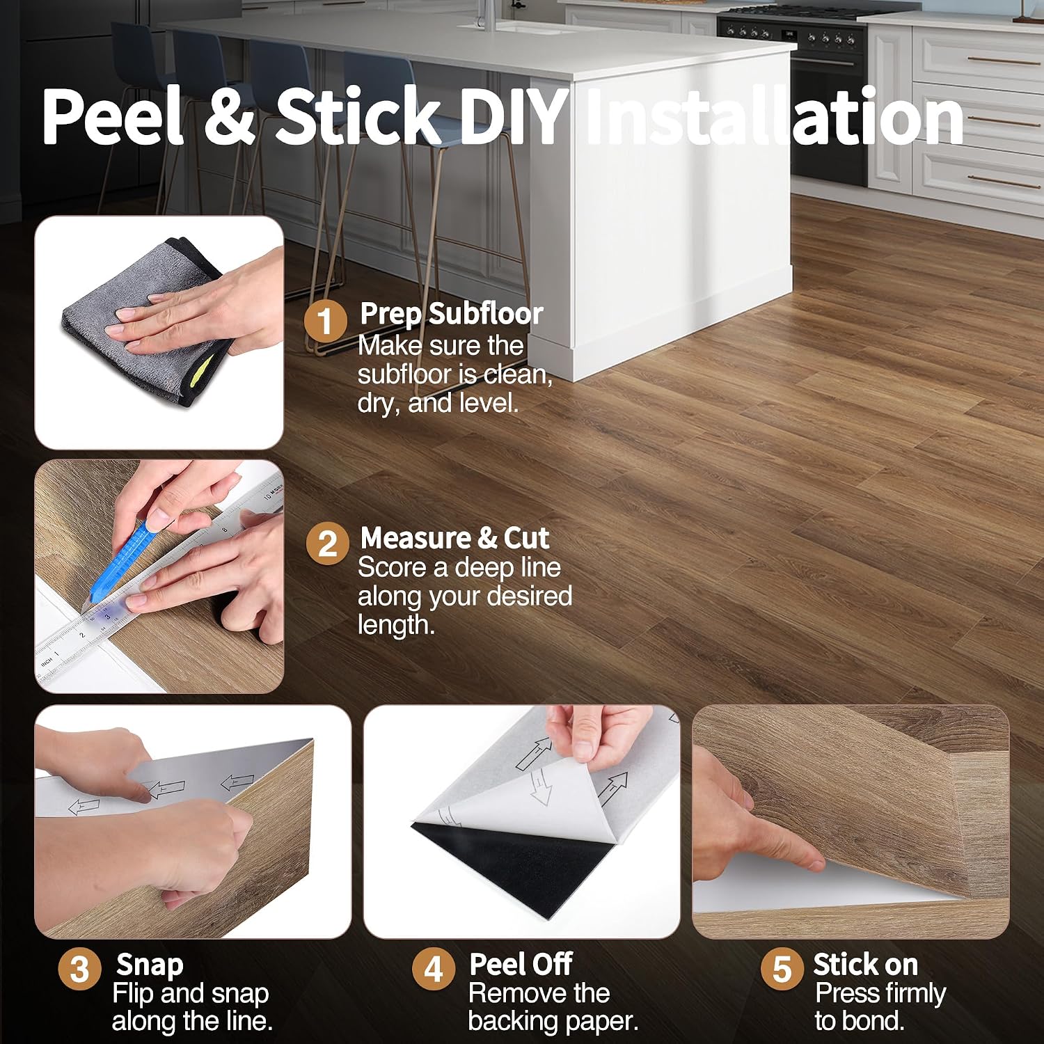 Peel and Stick Vinyl Flooring 36 Pack 54 Sq.Ft, Wood-Look Luxury Vinyl Plank Flooring, Waterproof Self-Adhesive DIY for Bedroom, Kitchen and Bathroom