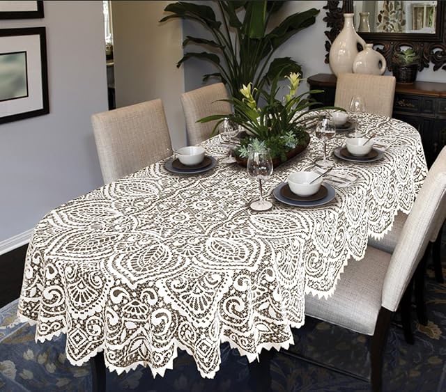 MforStyle Lace Large Tablecloth Oval OR Round White OR Beige Premium Quality (140cm x 240cm (55" x 95") Oval, White)