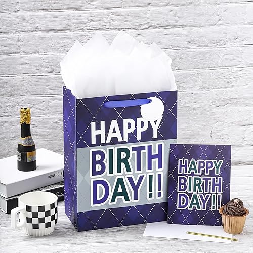 Miniatura 4 de Loveinside Bolsa de regalo a cuadros azul marino con texto en inglés Happy Birthday impresa, tamaño mediano con papel de seda, etiqueta, tarjeta de