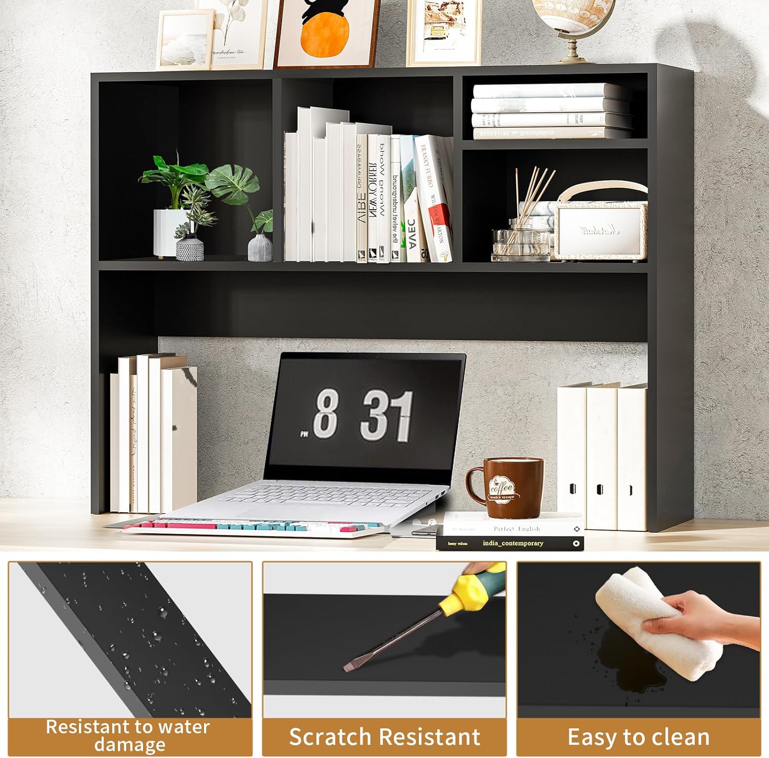 AQQHSAIN Desktop Bookshelf Wooden Desktop Hutch Storage Organizer Multipurpose Tabletop Display Rack with 4 Shelves for Computer Desk Hutch for College Dorm Office Home (Black)