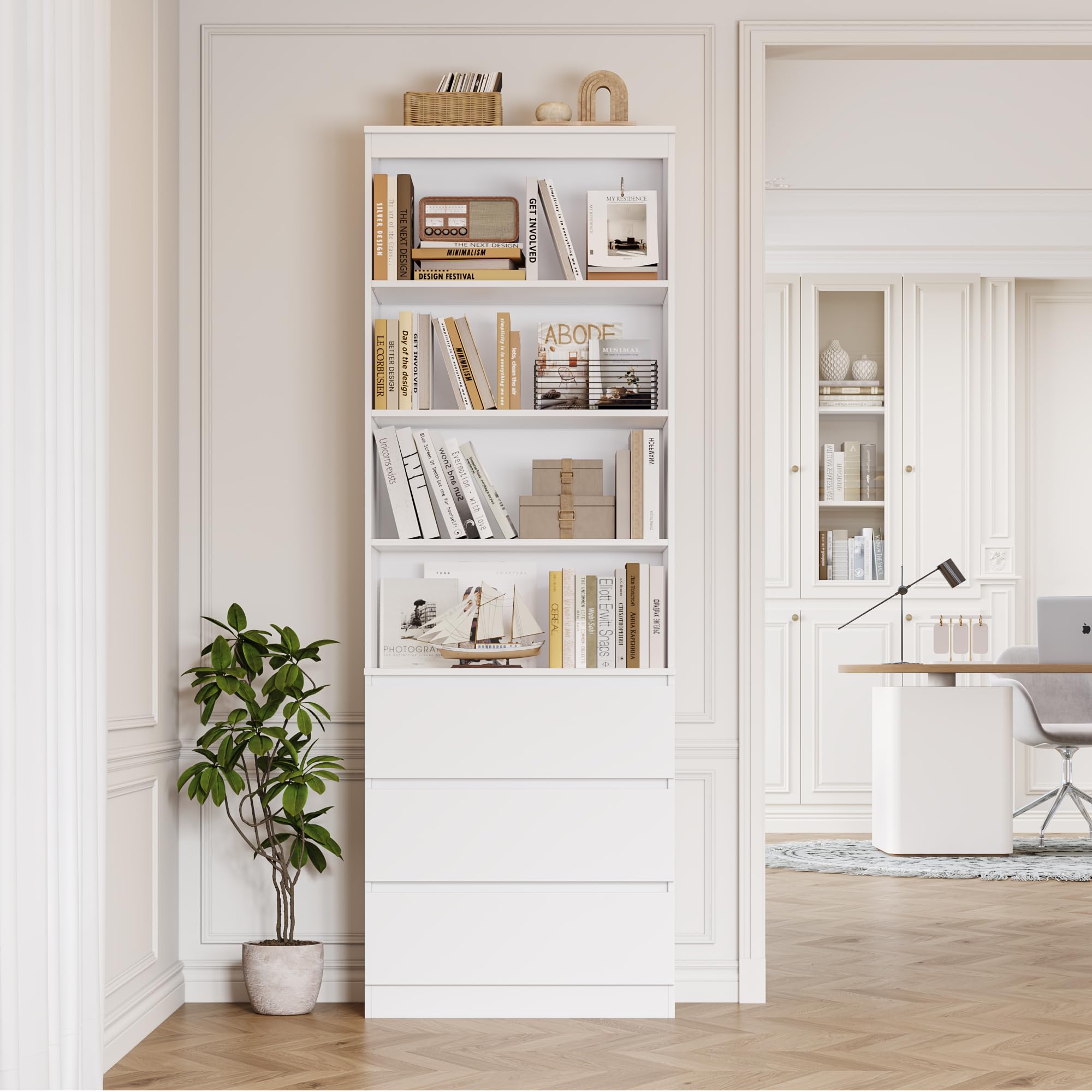 FirFurd 202cm Estantería con 3 Cajones, Estantería Libros, Librería, Estante, Mueble Almacenaje, para Oficina, Salón, Estudio, Comedor, Alta, 4 Compartimentos, Estantes Ajustables, Blanco, 60x35x202cm