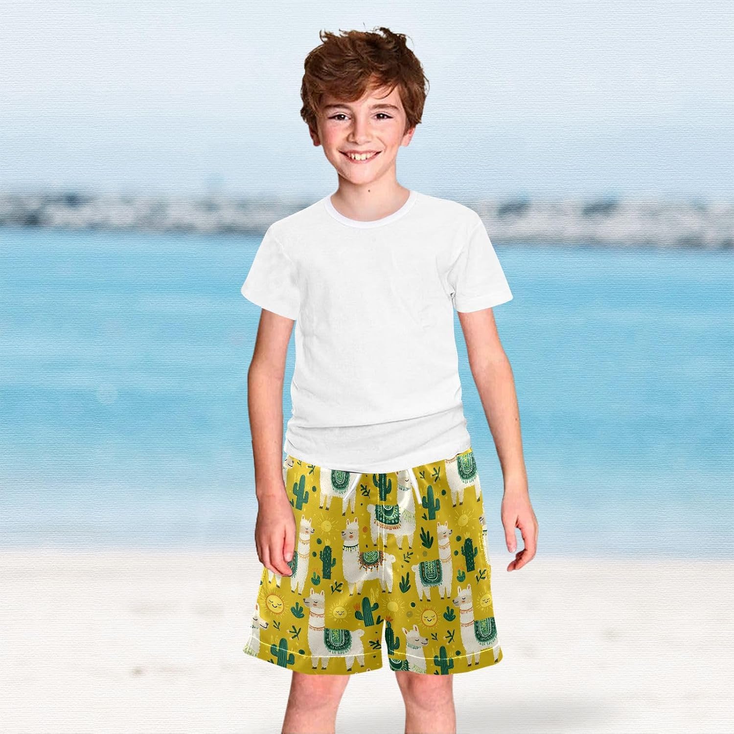 visesunny Sunny Alpaca Cactus Boys Swim Trunks Quick Dry Drawsting Boy's Beach Shorts Boy Bathing Suit with Pockets