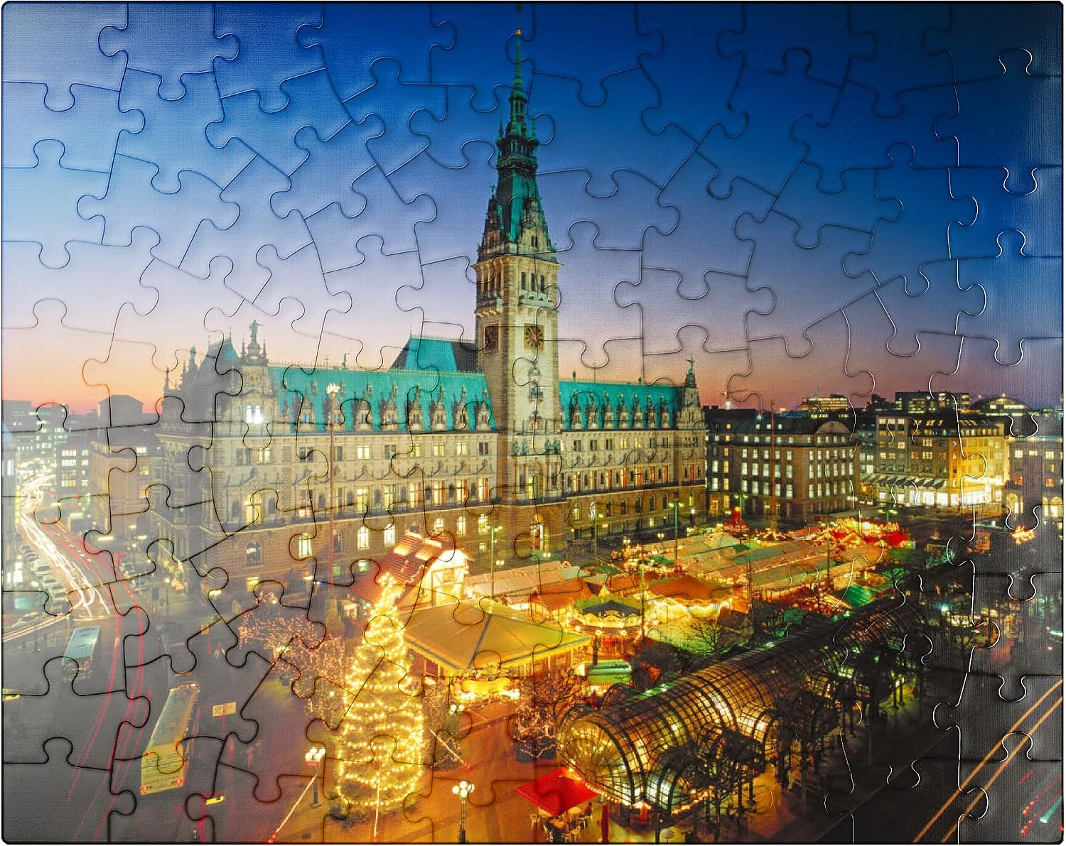 MyPuzzle Christmas Market At The Town Hall Square with Town Hall, Hamburg - Premium 500 Piece Jigsaw Puzzle for Adults