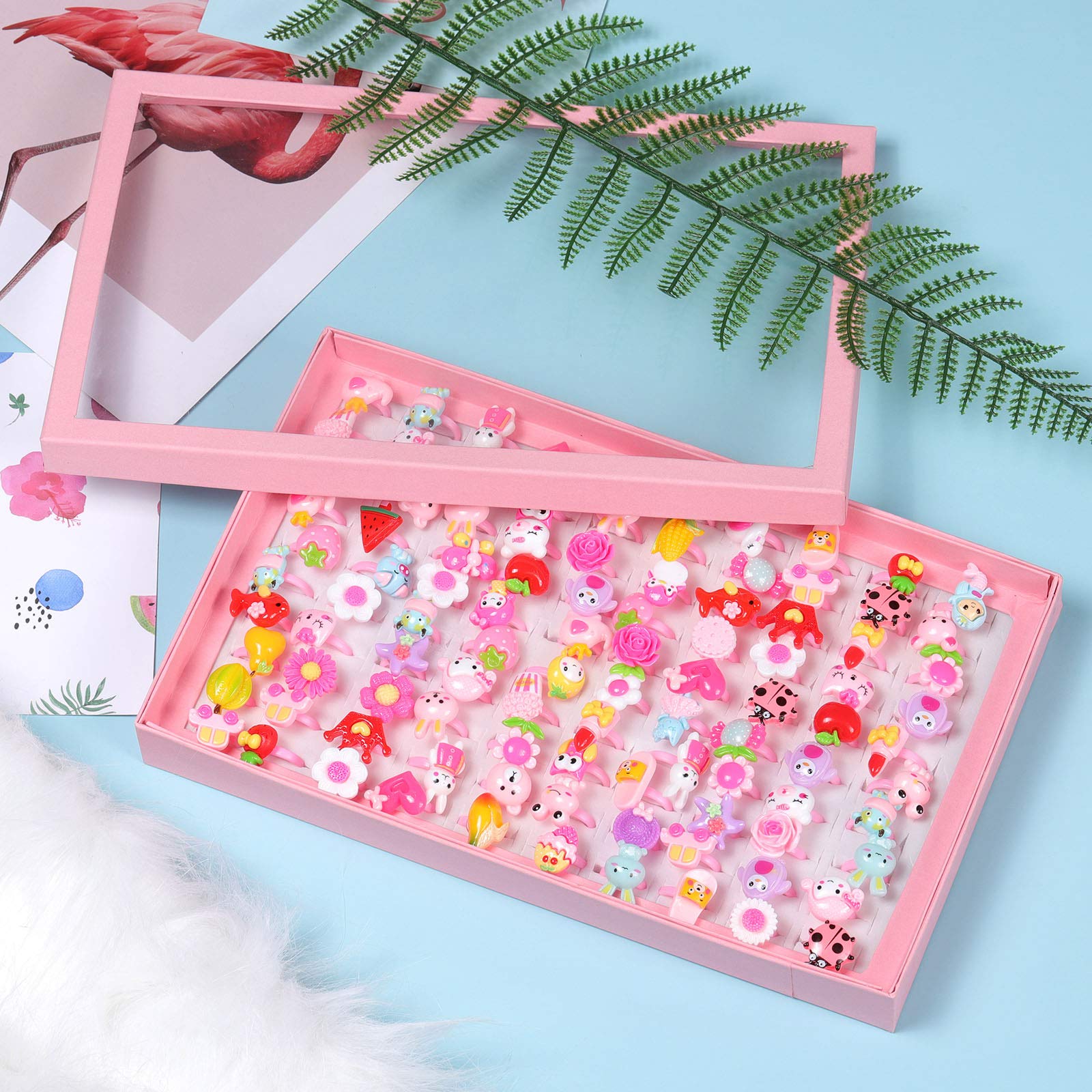 Anelli Bambina Regolabili 100 Pezzi, Set Gioielli di Lusso Bimba Ragazza Fiore Cuore Farfalla con Scatola, Stile Casuale