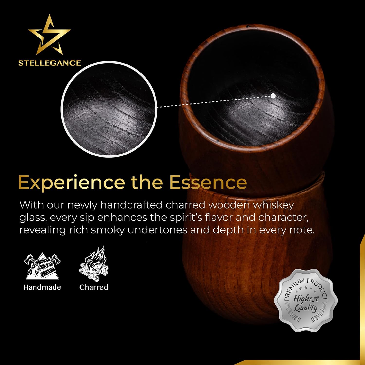 10oz Charred Wooden Whiskey Glass Set - Charred Wooden Bourbon Drinking Glass Gift Set with Whiskey Stones, Tongs, Pouch - Unique Bourbon Gifts for Valentine's Day Men, Him, Husband - Wood Whiskey Cup - Image 2