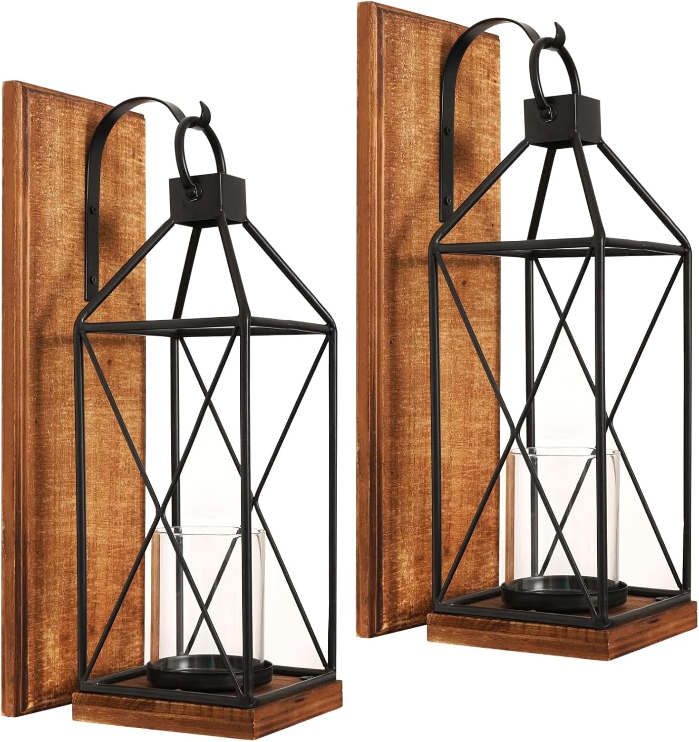 Homemory Wall Candle Sconce, Set of 2 Wood Rustic Candle Holder Decorative Candle Lantern with Glass Holder, Wall Decorations for Living Room, Dining Room (2Dark Brown)