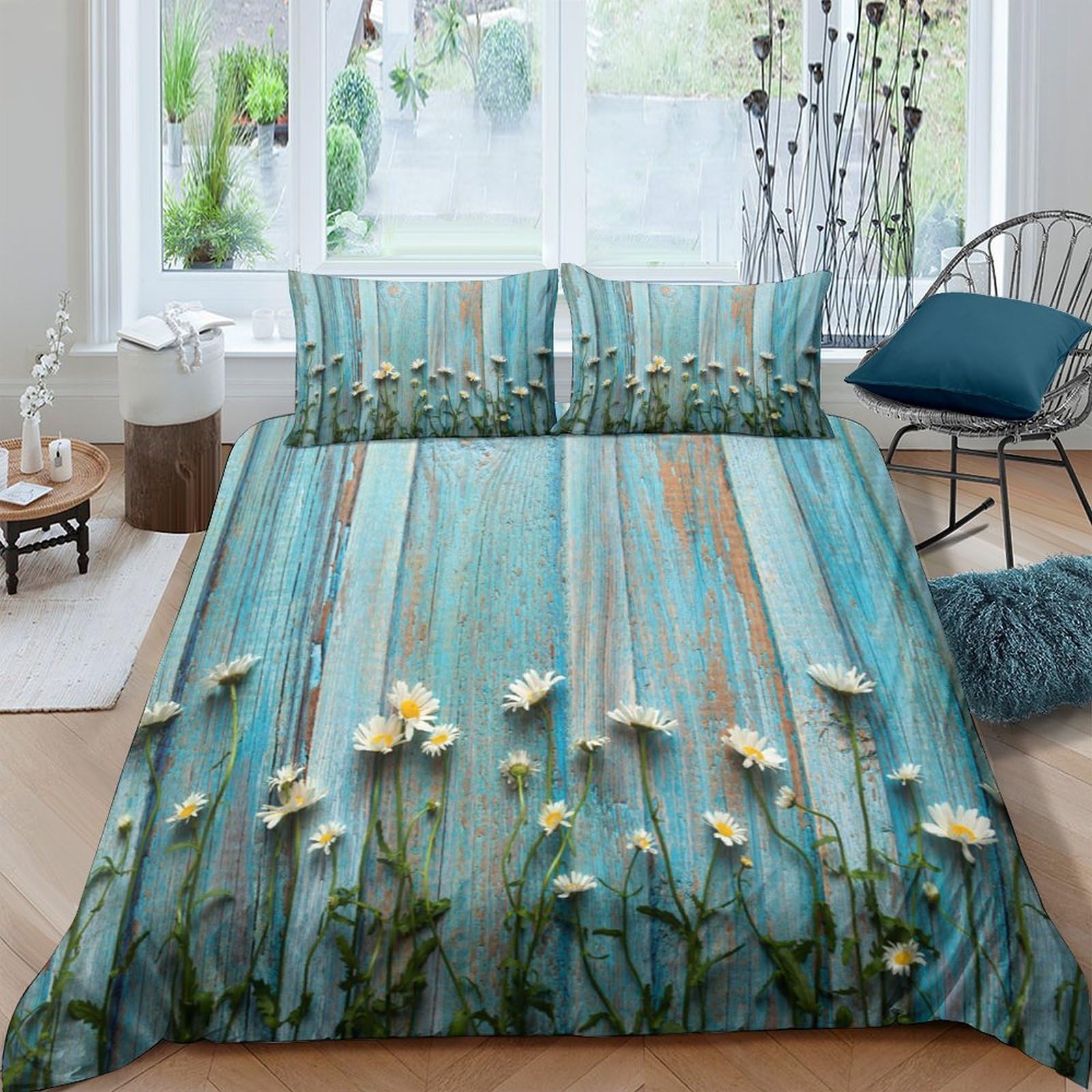 Ctjqhvkz Style-9 3D Printed Blue Rustic Wood Fitted Sheet Microfiber Daisy Wildflower Mattress Cover For Bedroom Guest Room Decor Single（135X200cm）