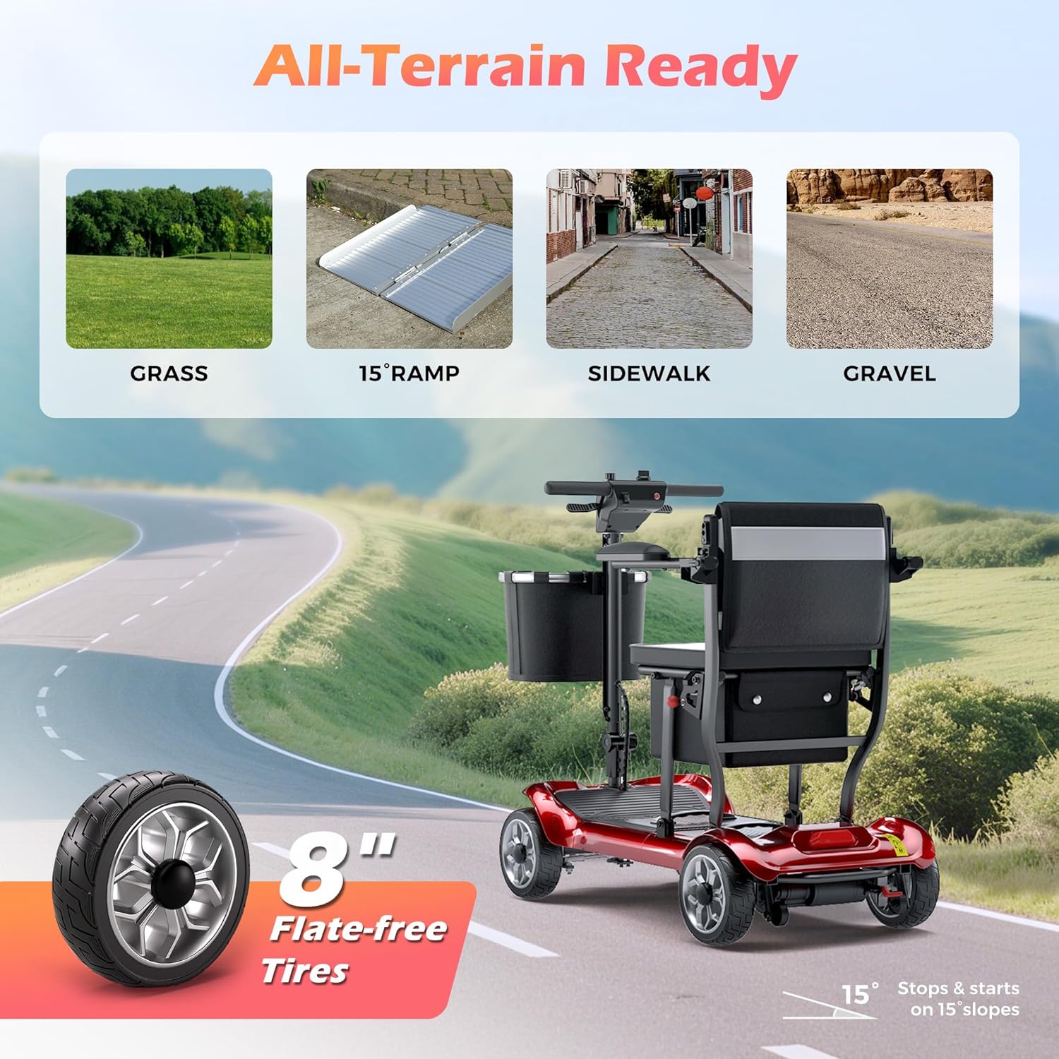 Lightweight Mobility Scooter for Adults & Seniors - Cruise & Airport Approved, 43lb Foldable Portable Motorized Scooters with Removable Lithium Battery for 12.4 Miles Travel, 300lb Capacity, Red - Image 9