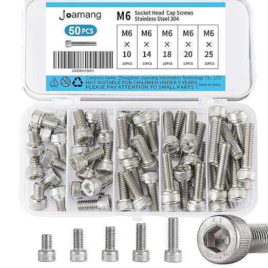 M6 x 10mm 14mm 18mm 20mm 25mm Socket Head Cap Screws Bolts, Stainless Steel 304, Metric Allen Hex Drive, Bright Finish, Fully Threaded, Assortment Kit 50PCS