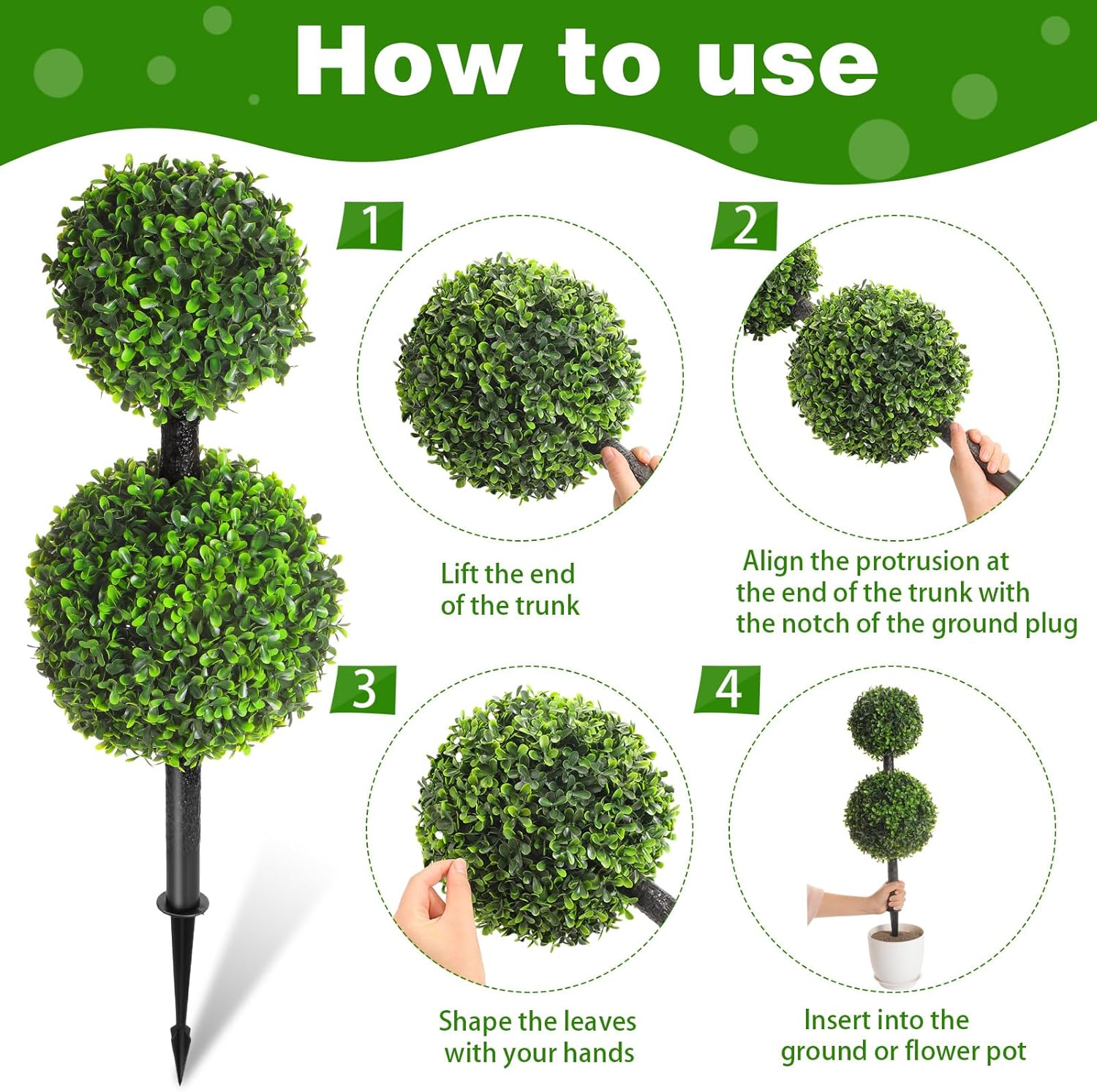 Lyrow 2個 2フィート 人工ツゲ ダブルボール トピアリーツリー 人工ツゲ ボールブッシュ スパイク付き フェイクトピアリーツ