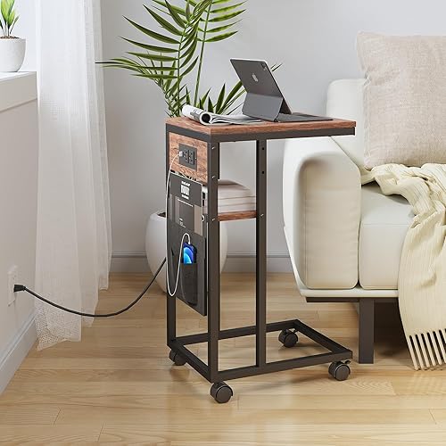 Miniatura 2 de Mesa auxiliar, mesa auxiliar con estación de carga y puertos USB, mesa auxiliar en forma de C para sofá y cama, pequeña mesa de aperitivos con bolsa