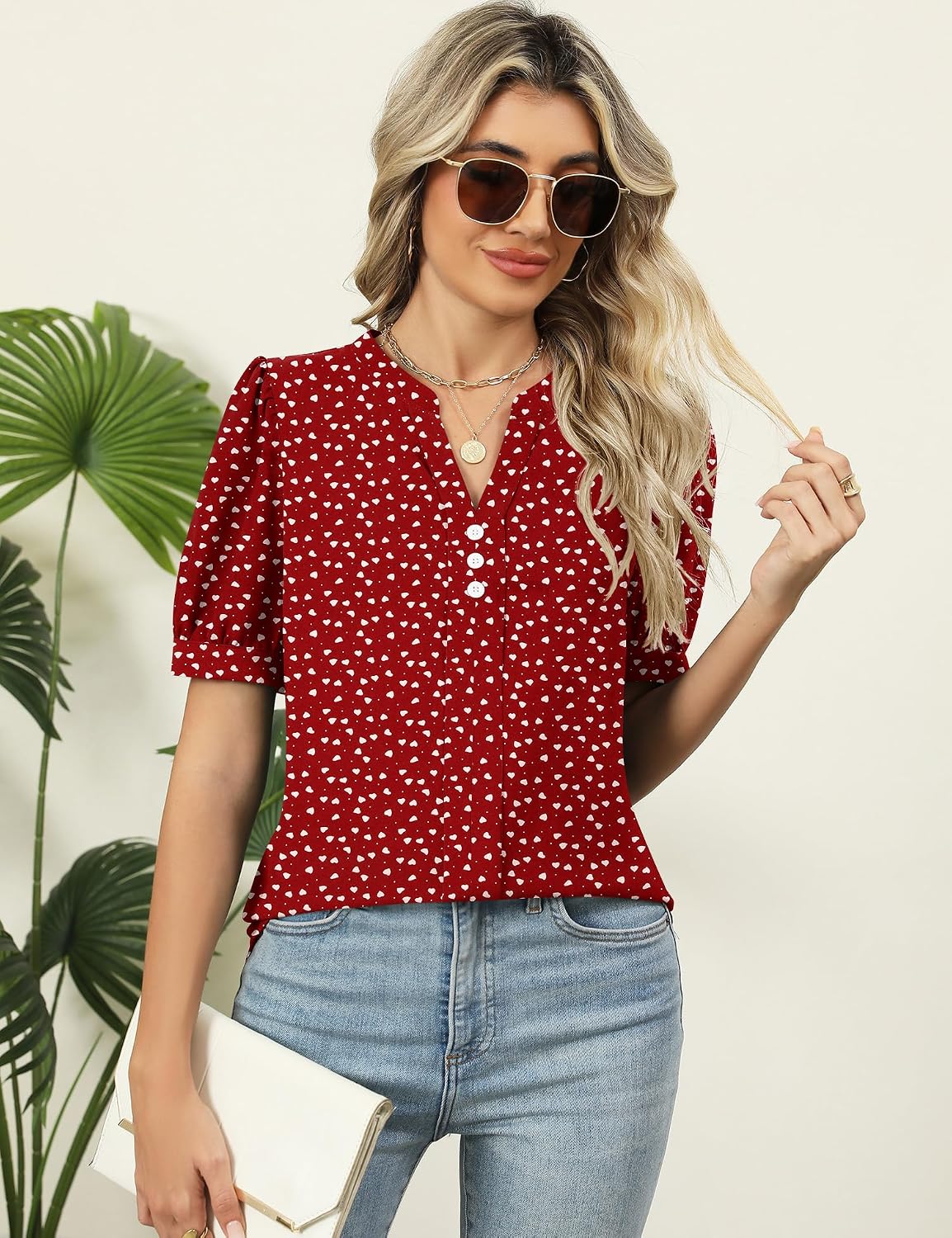 Kistore Women's Short Sleeve Tops Dressy Casual Business Work Blouses V Neck Chiffon Top Office Shirts