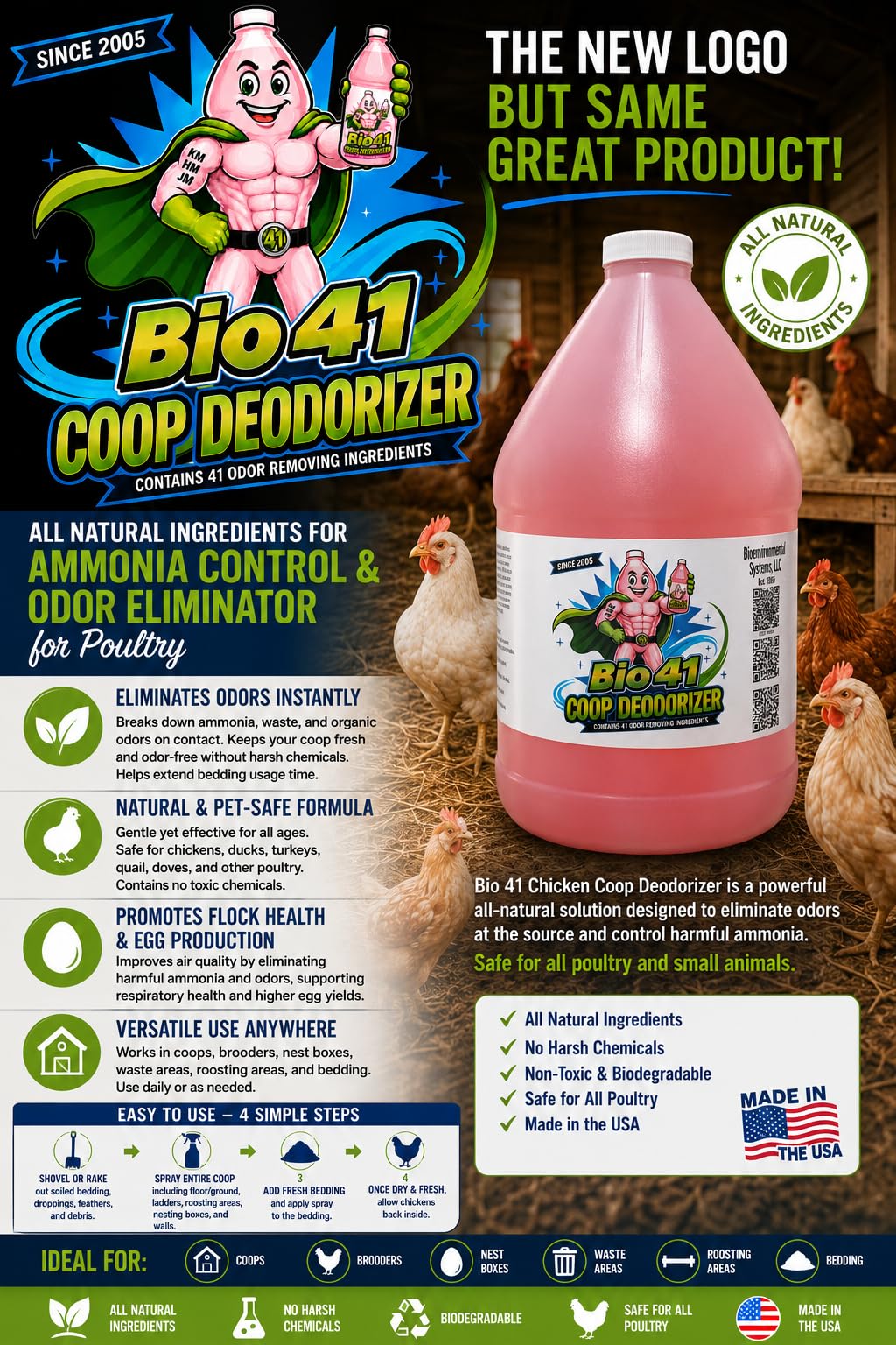Desodorante de gallinero, todos los ingredientes naturales para el control de amoníaco y eliminador de olores para aves de corral, funciona en cocineros, criadoras, cajas siguientes, áreas de desechos