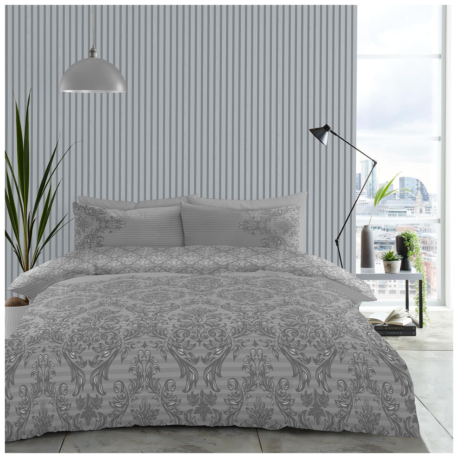 Gc Gaveno Cavailia Empire Damask Grey Damask Floral Super King Size Duvet Cover Sets With Matching Pillowcases, Botanical Grey Bedding Sets, Reversible Striped Quilt Cover