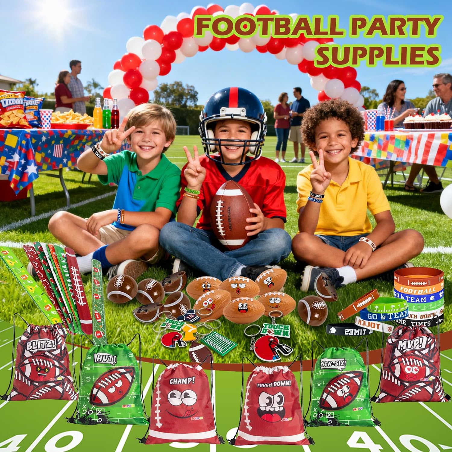 122Pcs Football Party Favors Drawstring Bags Football Goodie Bag with Mini Ball, Wristband, Slap bracelets, Keychains, Pull Back Cars,Stickers for Football Party Supplies - Image 6