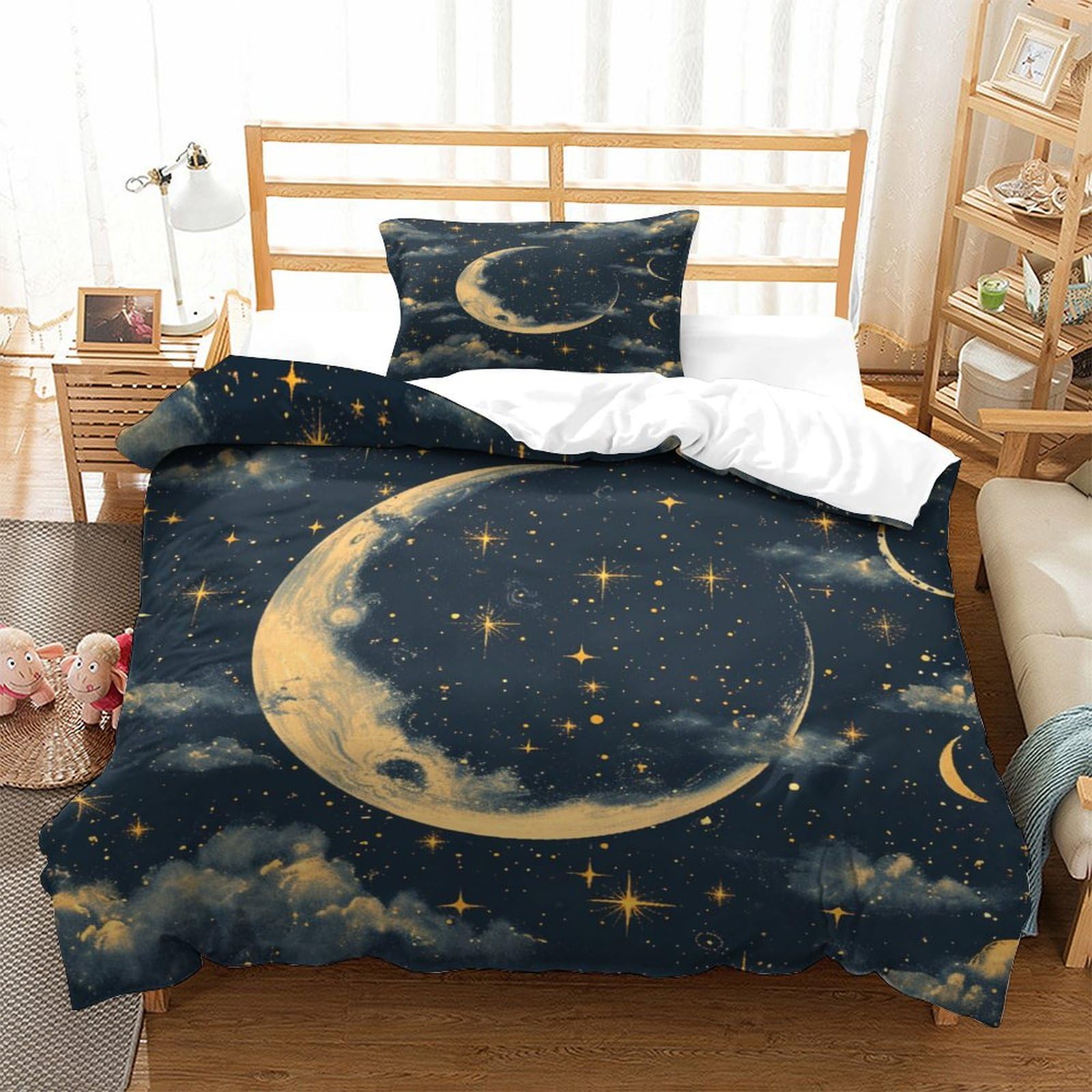 ENYISIYULO Duvet Cover Set Moon And Stars 3D Print Duvet Quilt Cover Artistic Moon And Stars Ultra Soft Microfiber with Zipper Unique Design For Boys Girls Women Men Single（135x200cm）