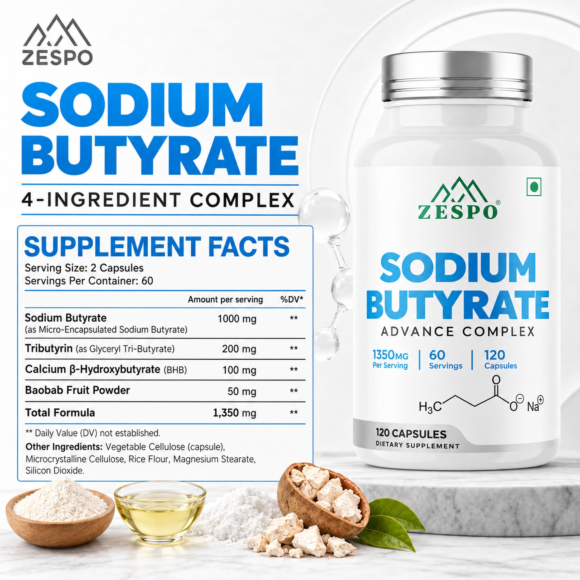 Zespo Micro-Encapsulated Sodium Butyrate 1000mg Postbiotic 120 Vegan Caps — Amazon image 3