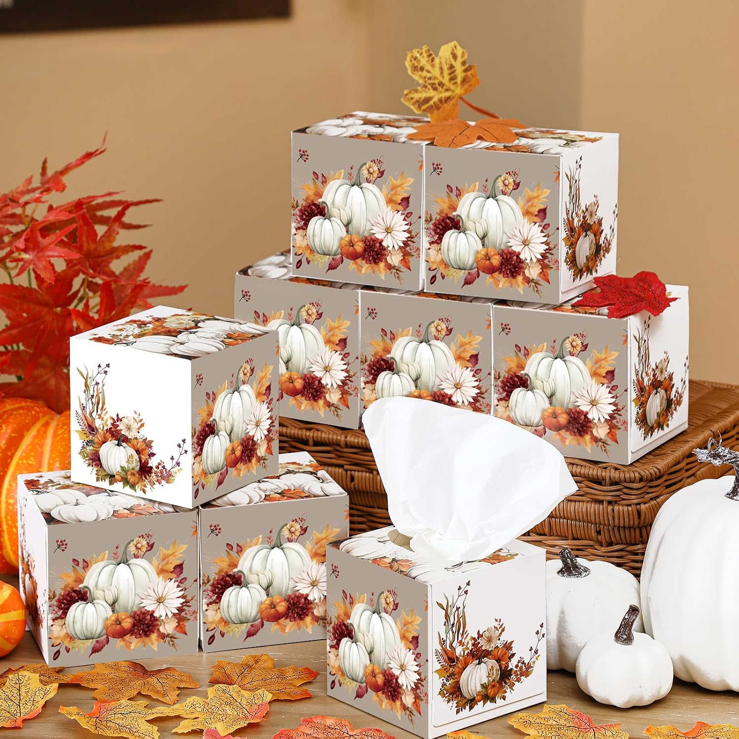 Fourluoo 12 Pack Fall Pumpkin Facial Tissues Cube Boxes 3 Ply 600 Sheets