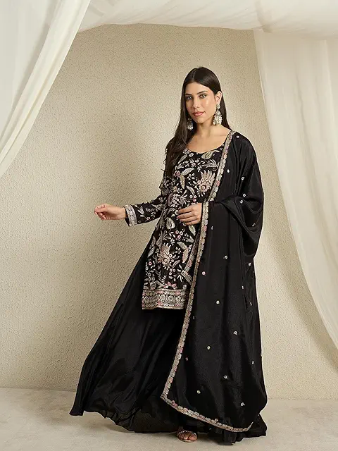 TreegoArt Fashion Women Chinon Solid Pattern Party Wear Embroidery