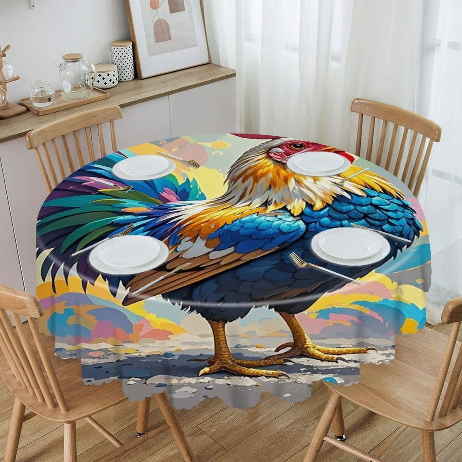 FekiLoot 60 Inch Round Art Colorful Chicken Tablecloth Waterproof Heavy Duty Polyester Table Cloth Spill-Proof Wipeable Table Cover Decorative Circle Dining Tablecover for Party Outdoor